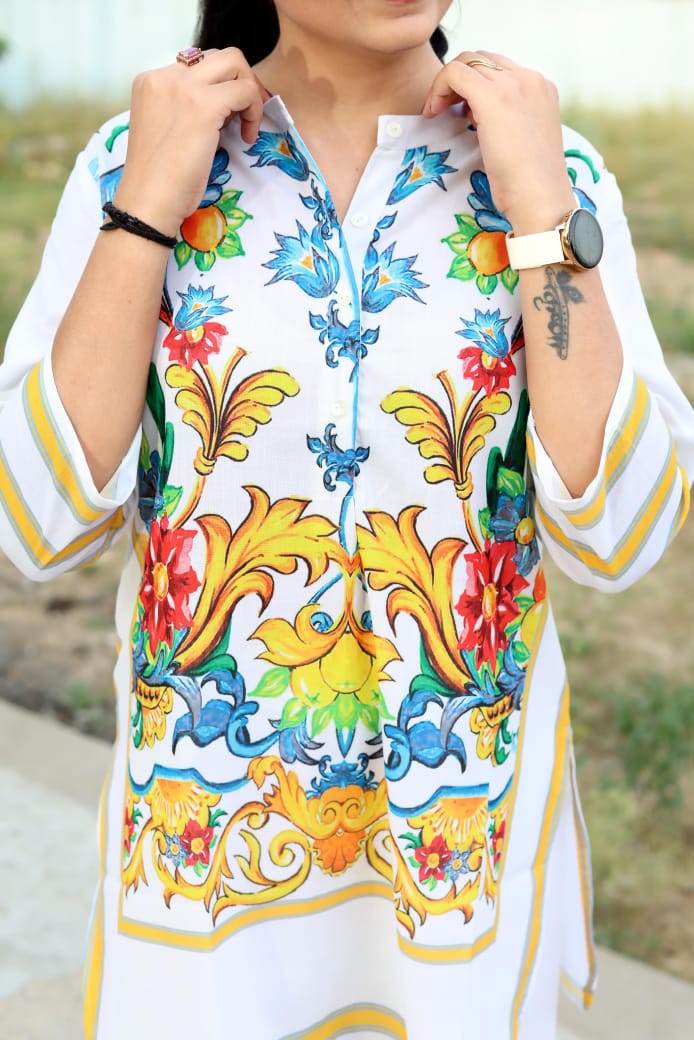 White Cotton Co-Ord Set with Multicolor Floral Print