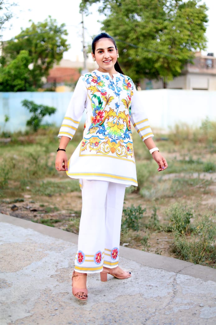 White Cotton Co-Ord Set with Multicolor Floral Print