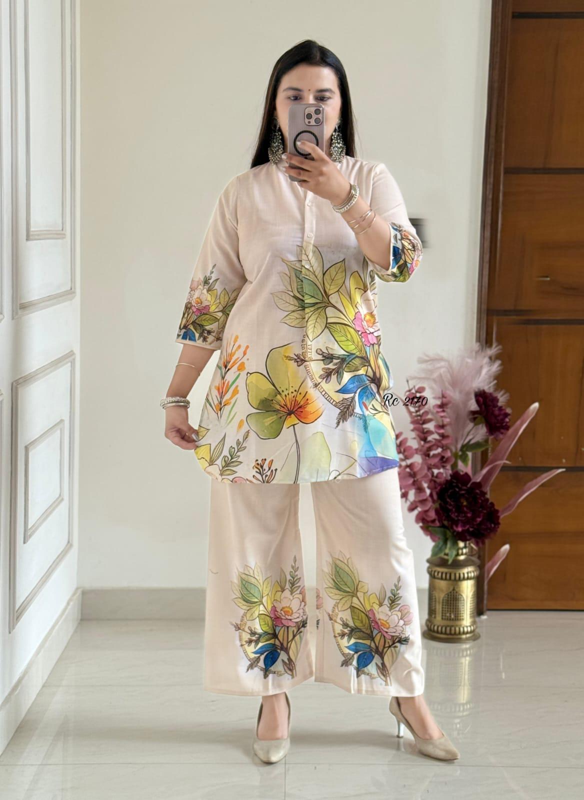 Pastel Garden Bloom Co-ord Set – Ivory Base with Multicolor Floral Print