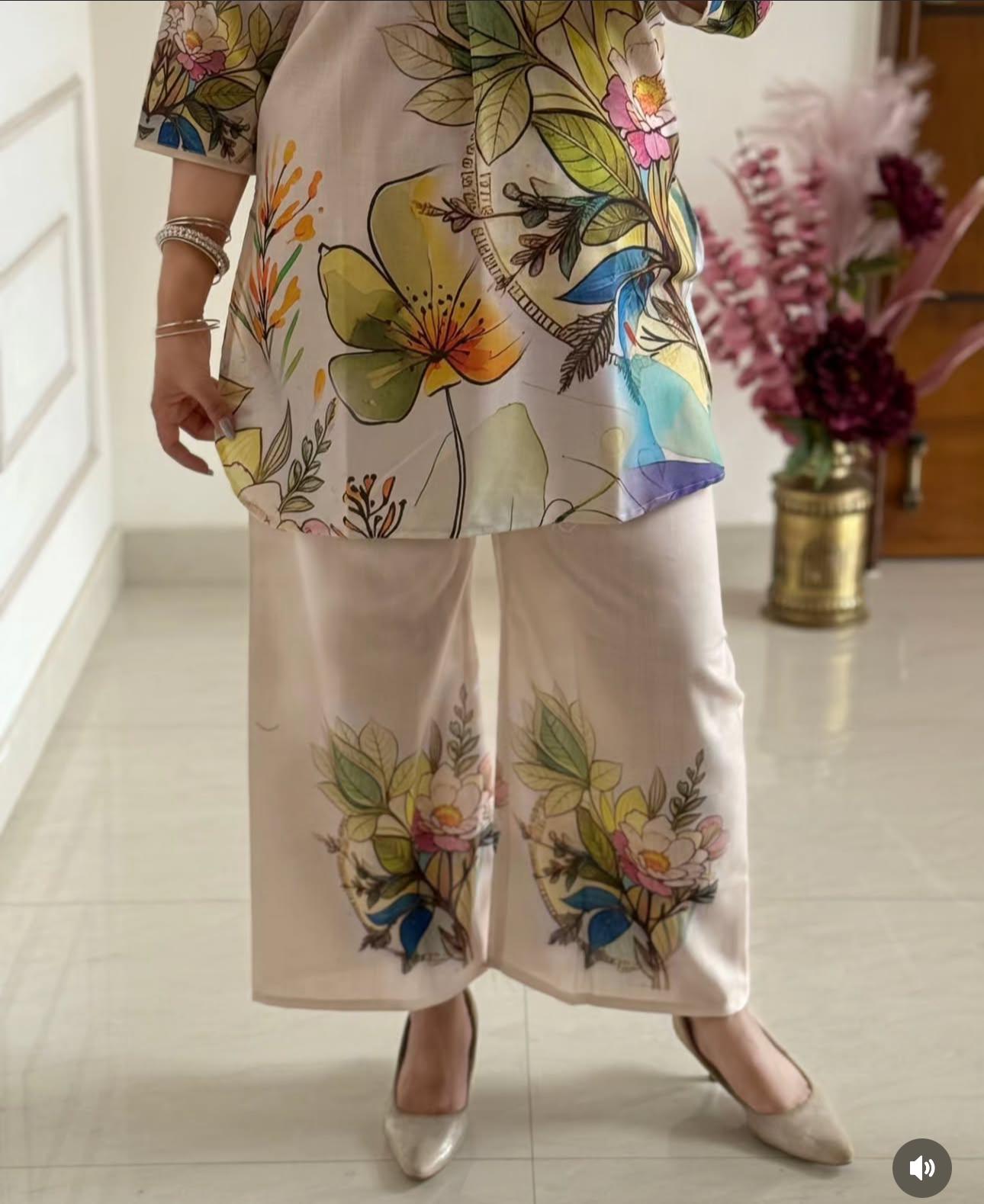 Pastel Garden Bloom Co-ord Set – Ivory Base with Multicolor Floral Print