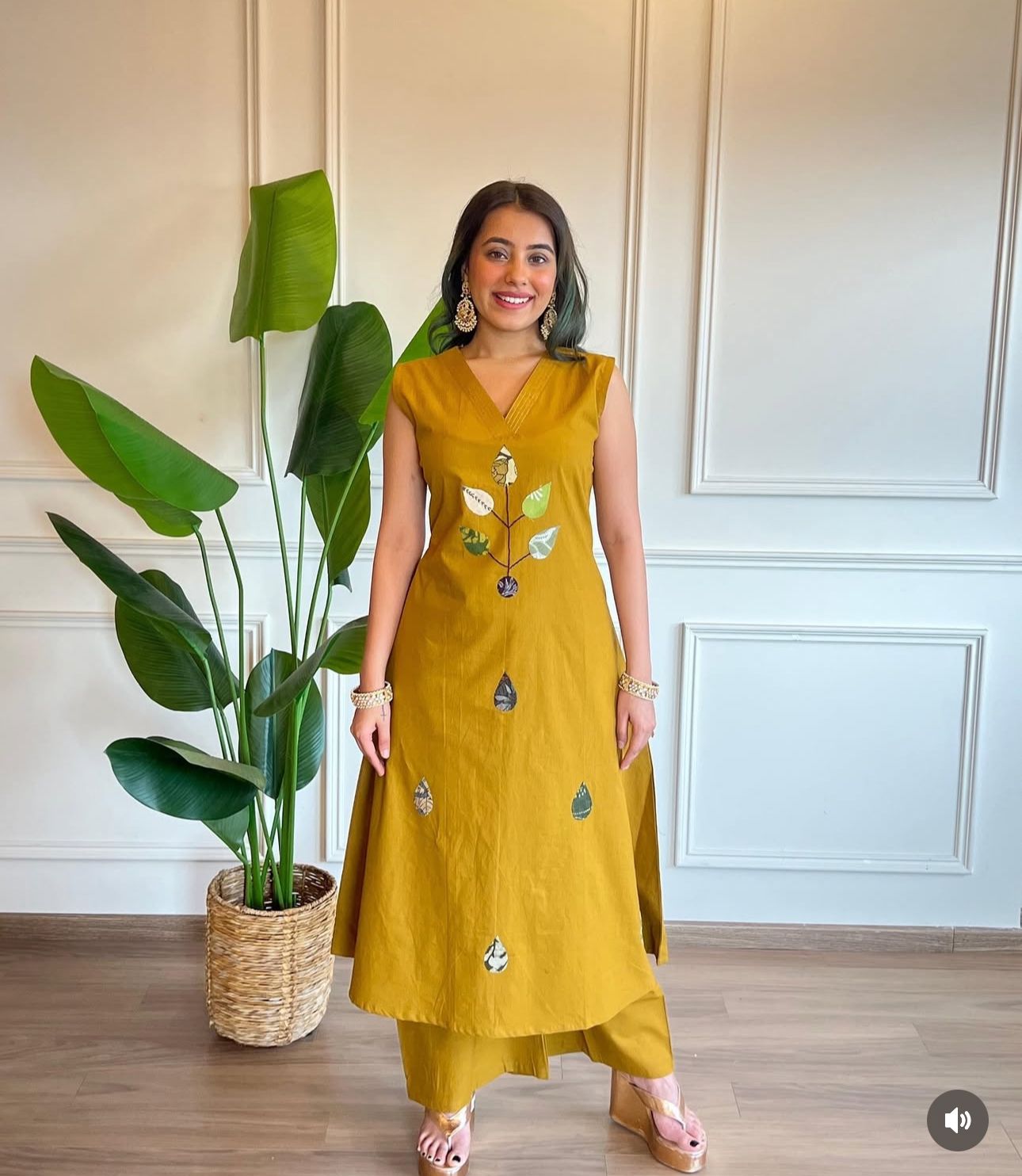 Mustard Sleeveless Kurta Set with Leaf Appliqué – Earthy Elegance
