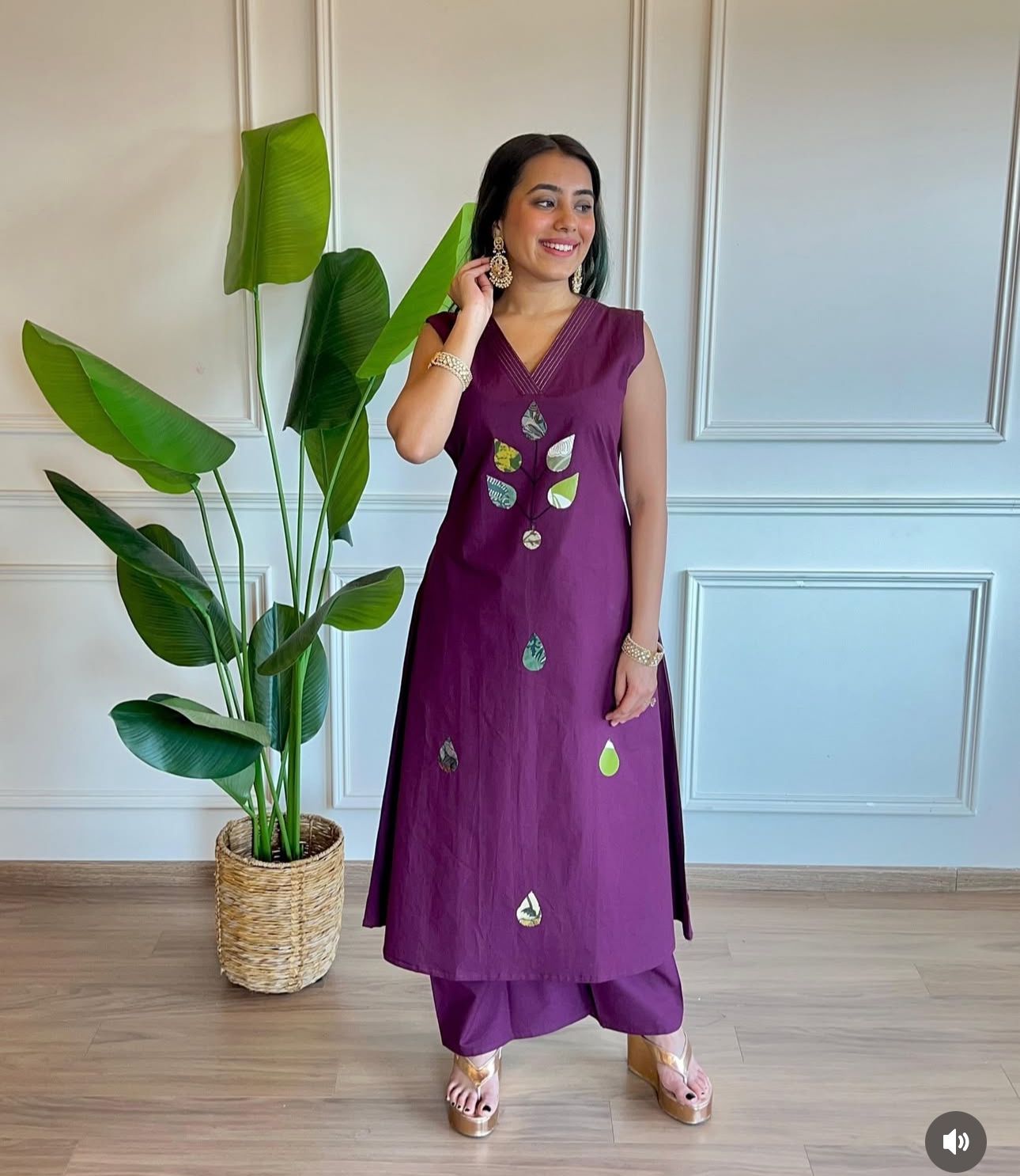 Mustard Sleeveless Kurta Set with Leaf Appliqué – Earthy Elegance