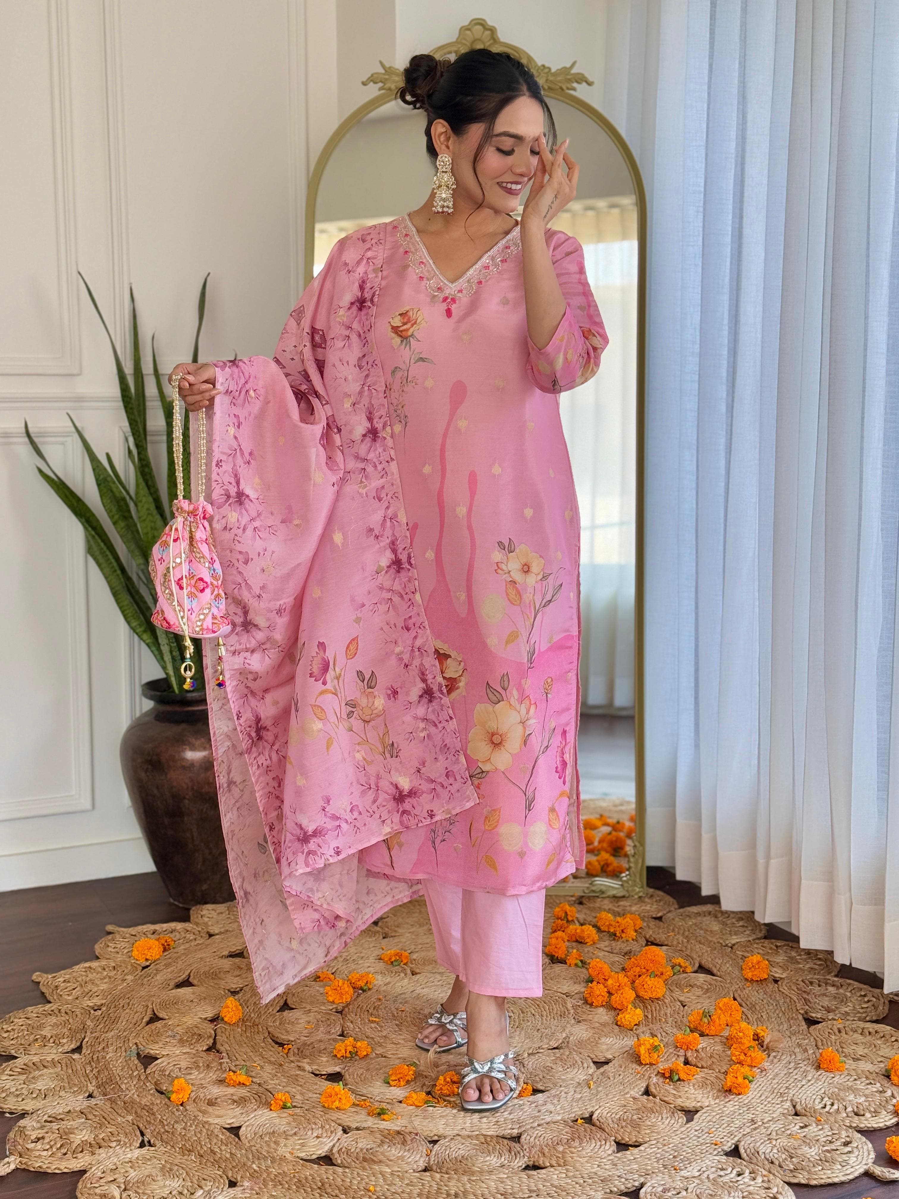 Blush Pink Floral Embroidered Suit Set with Organza Dupatta – Festive Bloom