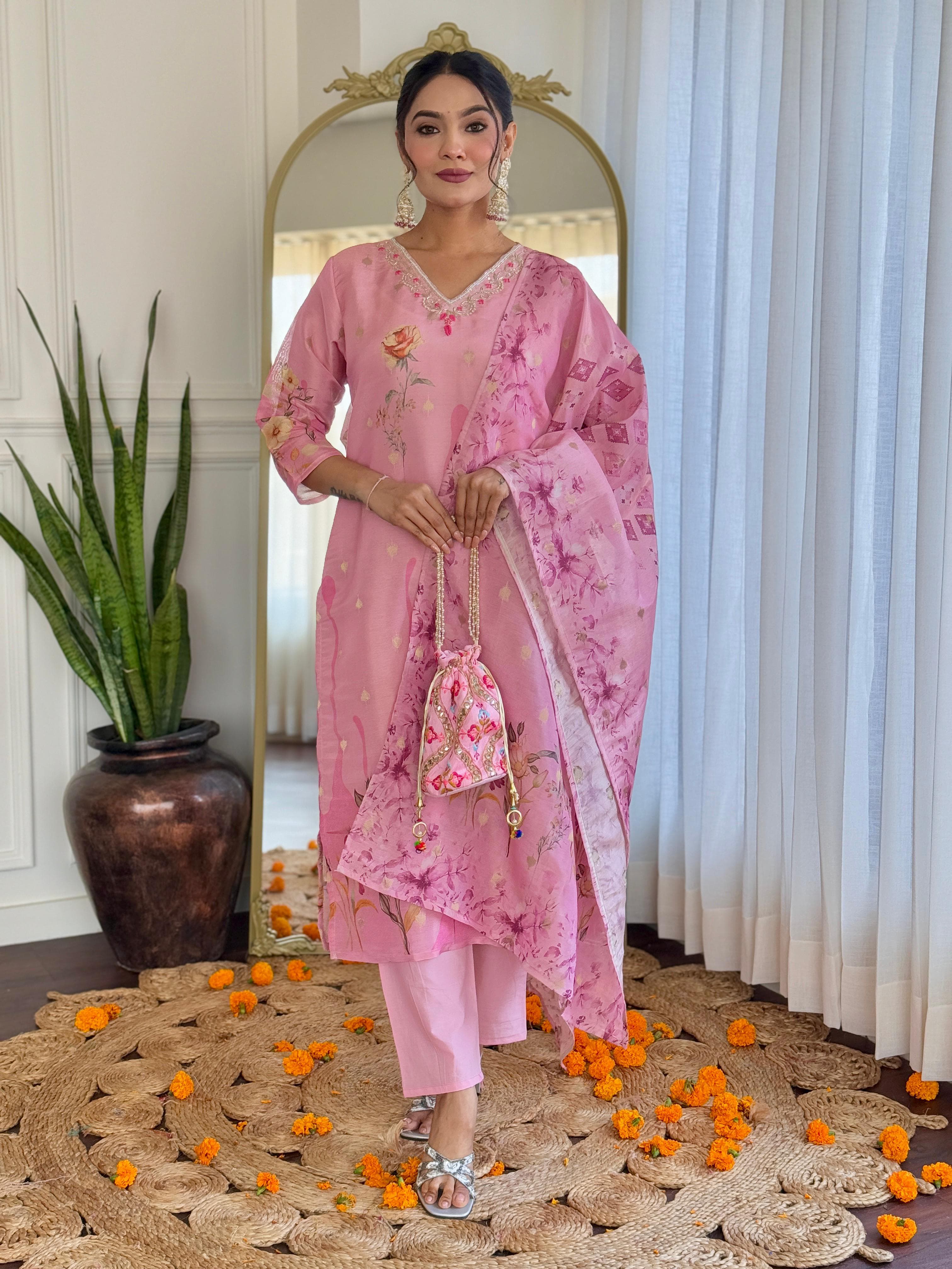 Blush Pink Floral Embroidered Suit Set with Organza Dupatta – Festive Bloom