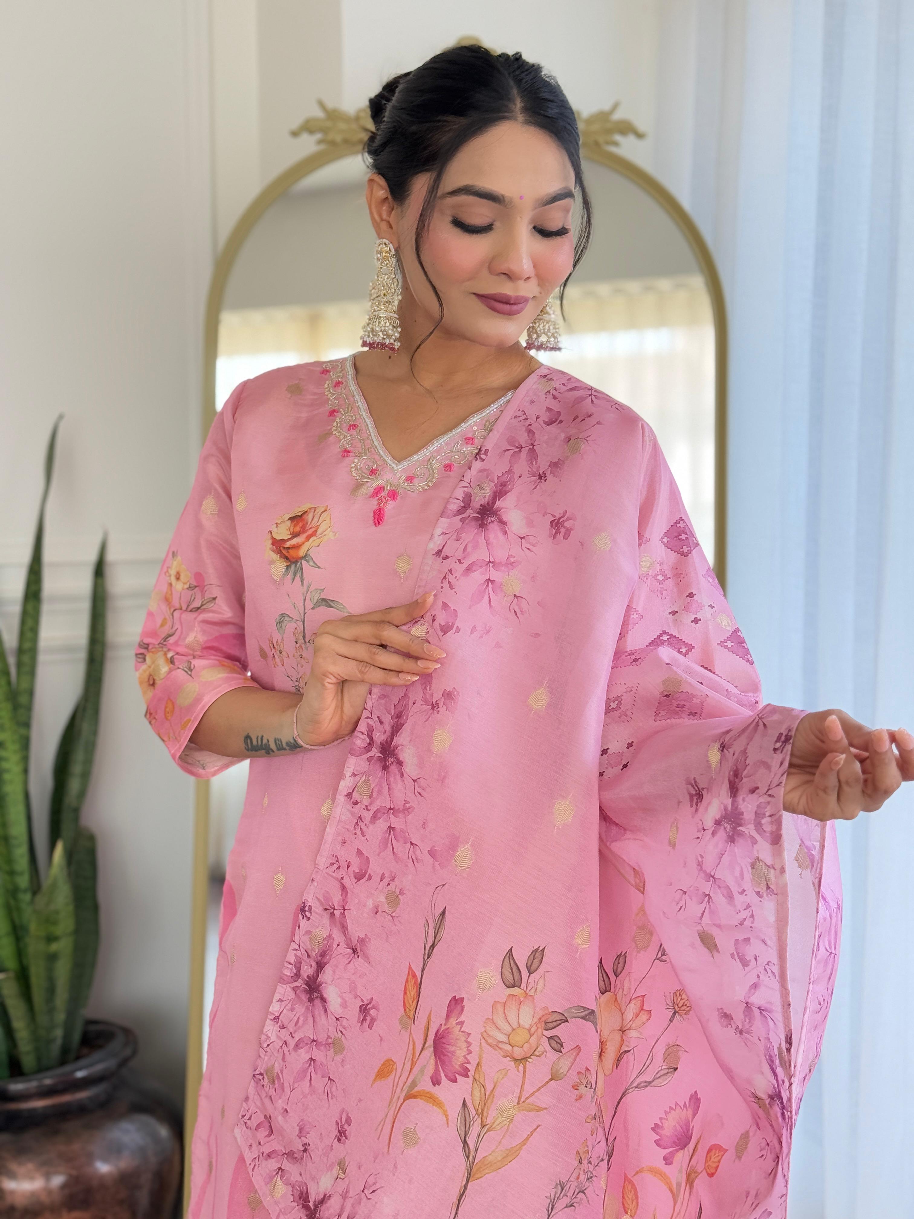 Blush Pink Floral Embroidered Suit Set with Organza Dupatta – Festive Bloom