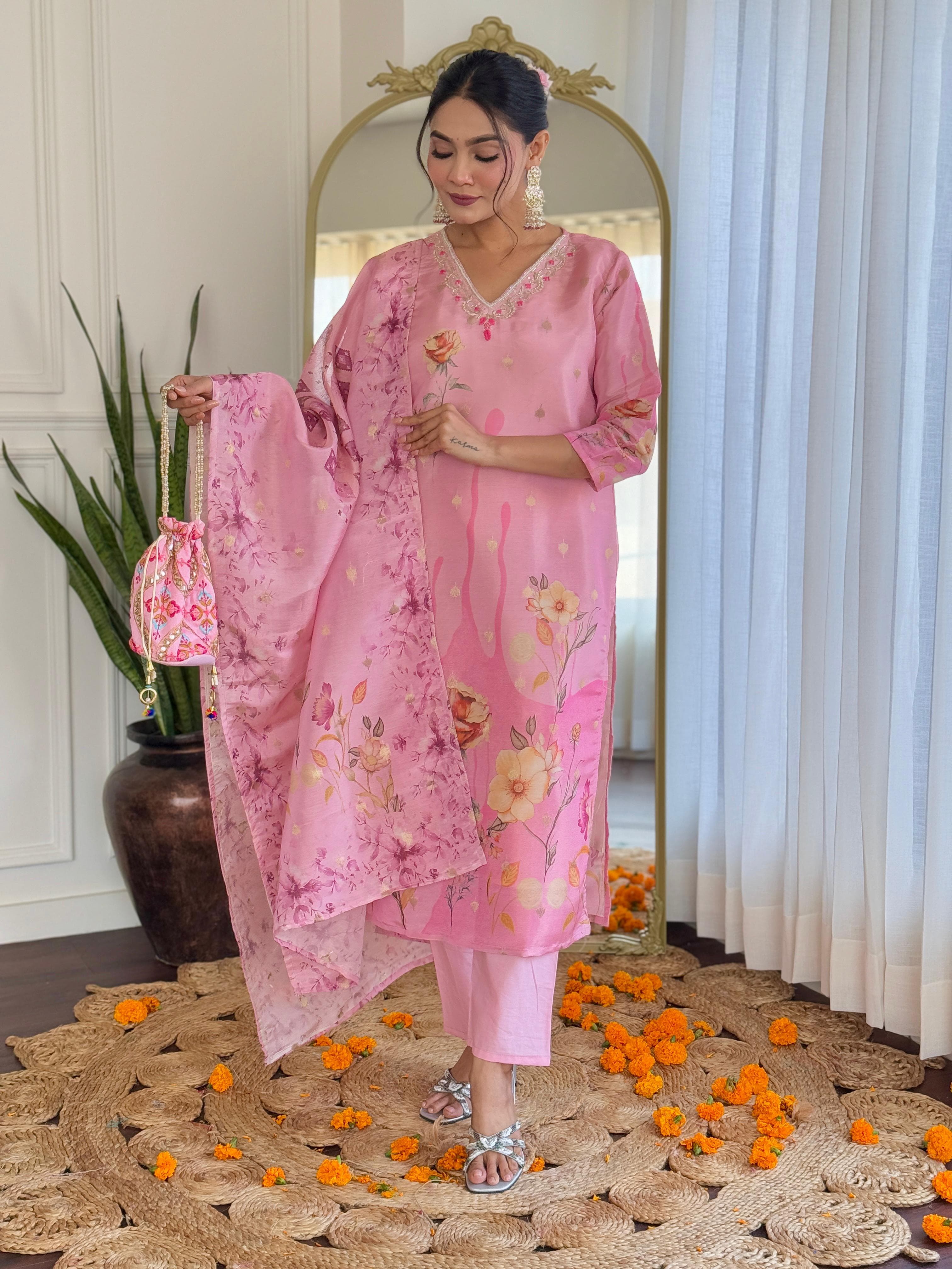 Blush Pink Floral Embroidered Suit Set with Organza Dupatta – Festive Bloom