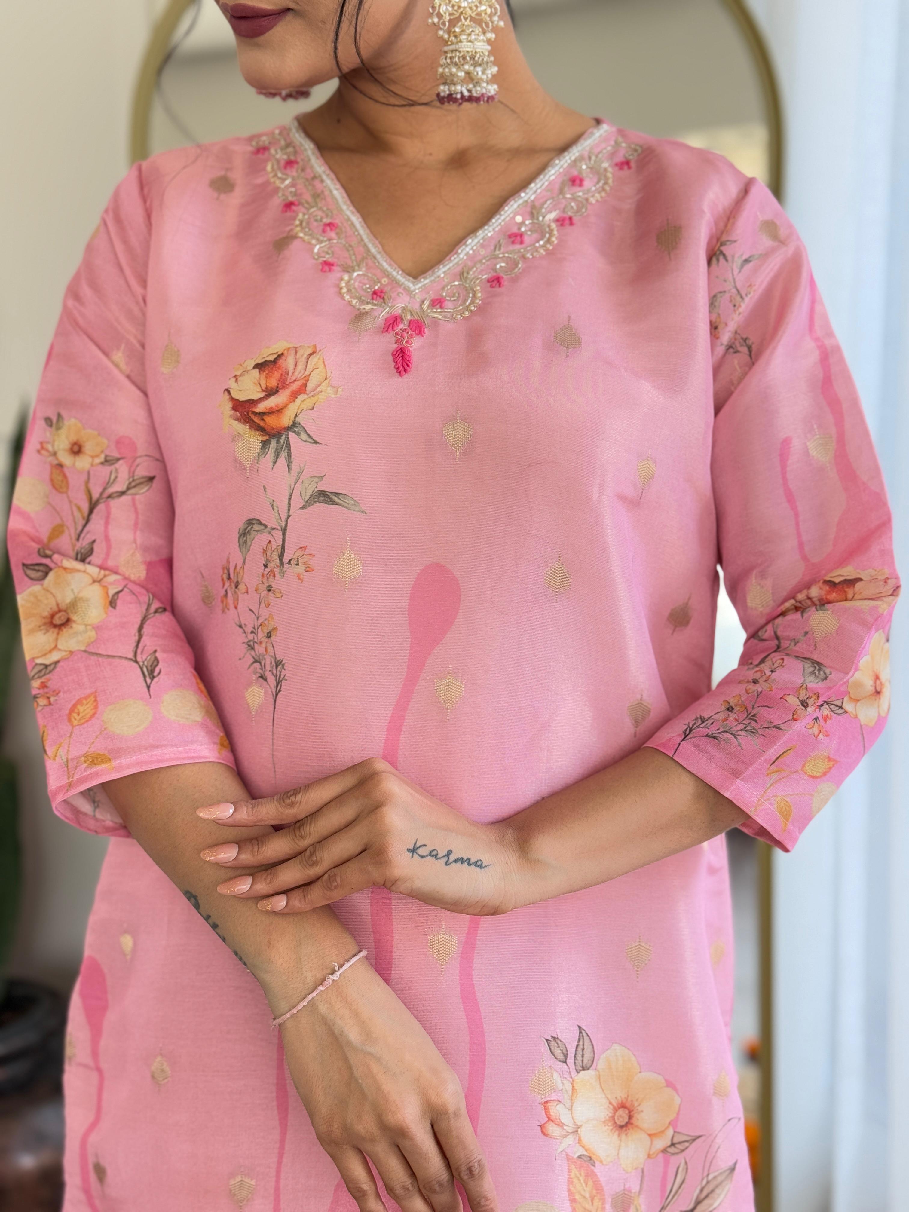 Blush Pink Floral Embroidered Suit Set with Organza Dupatta – Festive Bloom