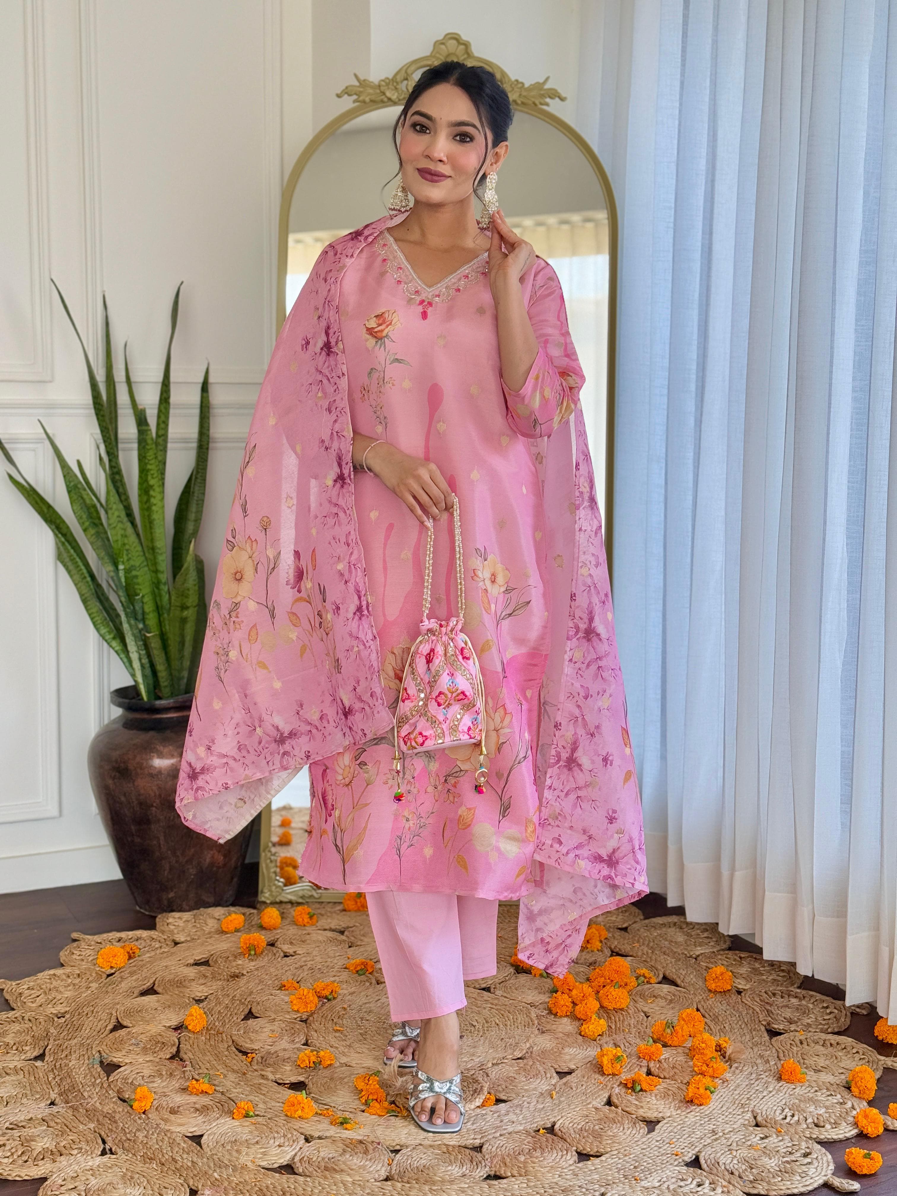 Blush Pink Floral Embroidered Suit Set with Organza Dupatta – Festive Bloom