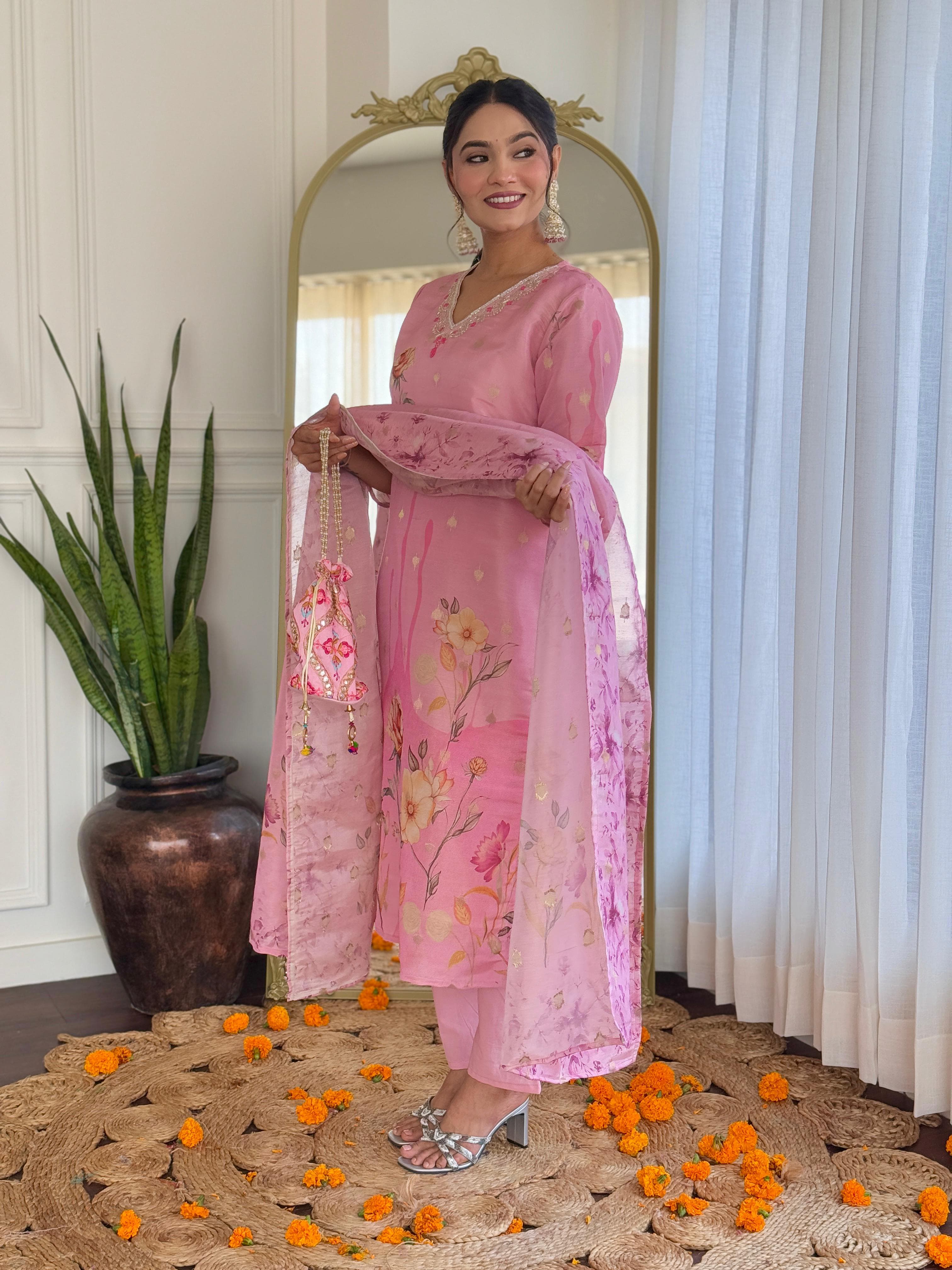 Blush Pink Floral Embroidered Suit Set with Organza Dupatta – Festive Bloom