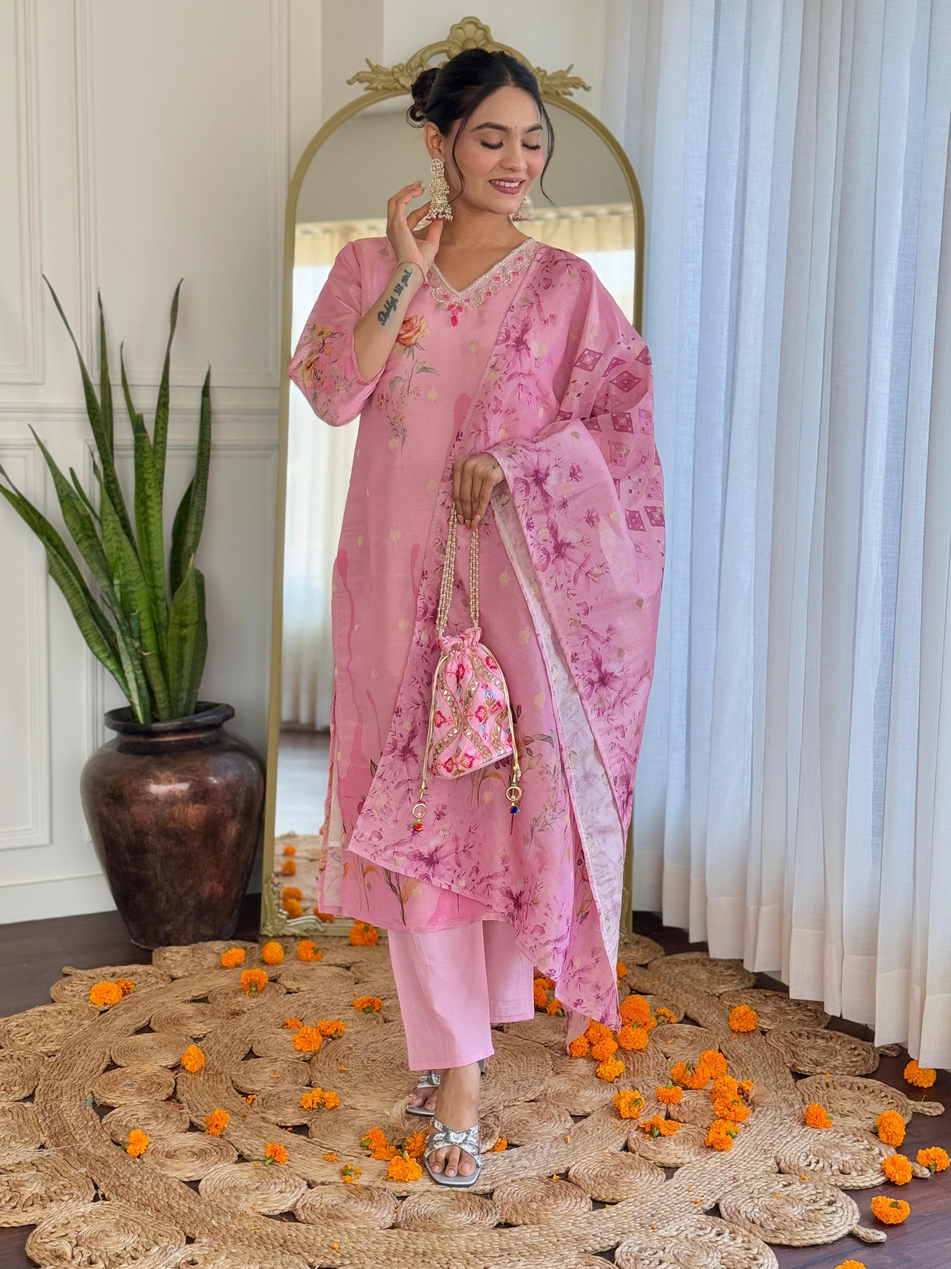 Blush Pink Floral Embroidered Suit Set with Organza Dupatta – Festive Bloom