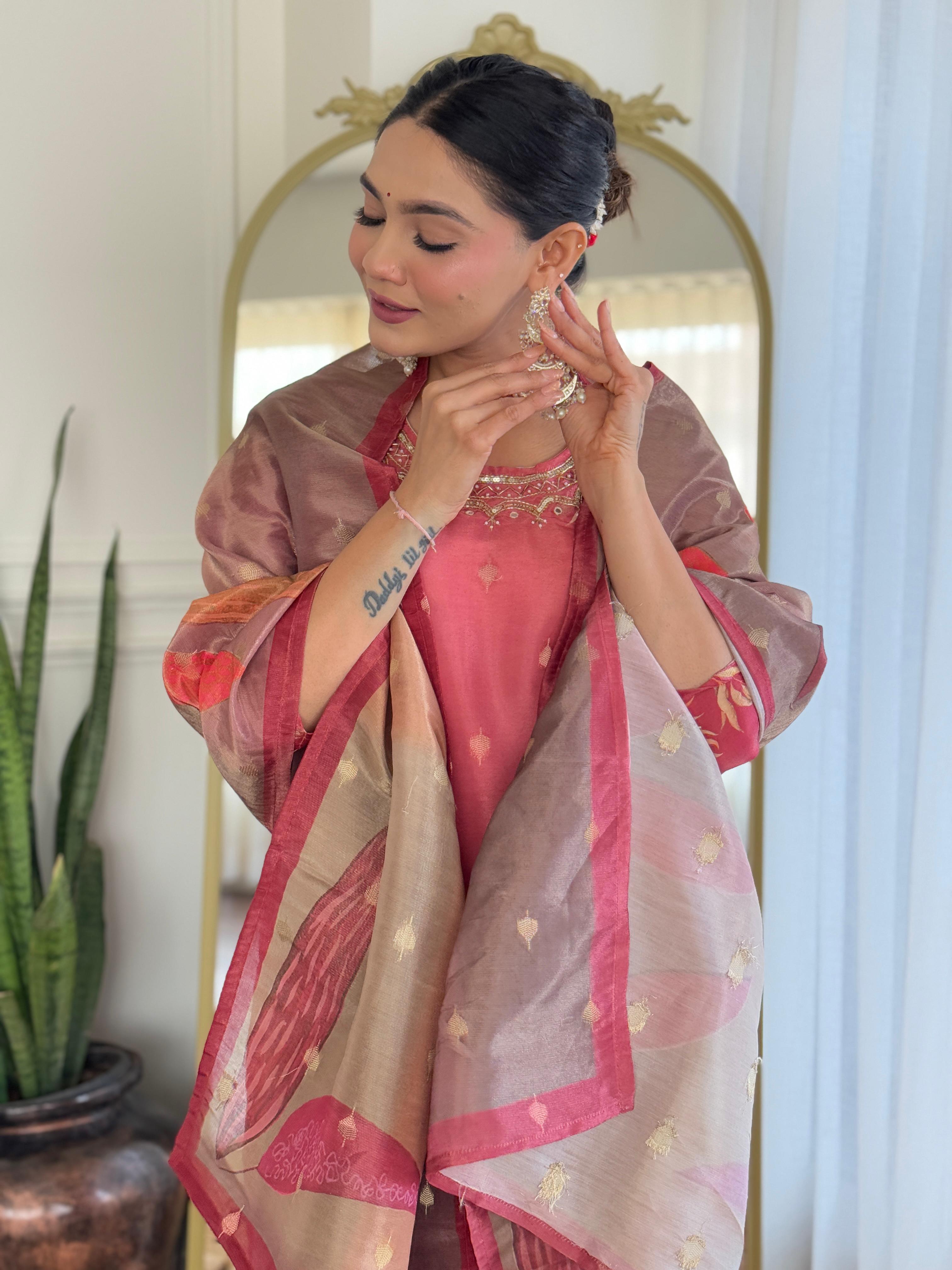 Rust Rose Silk Suit Set with Organza Dupatta – Luxe Festive Wear