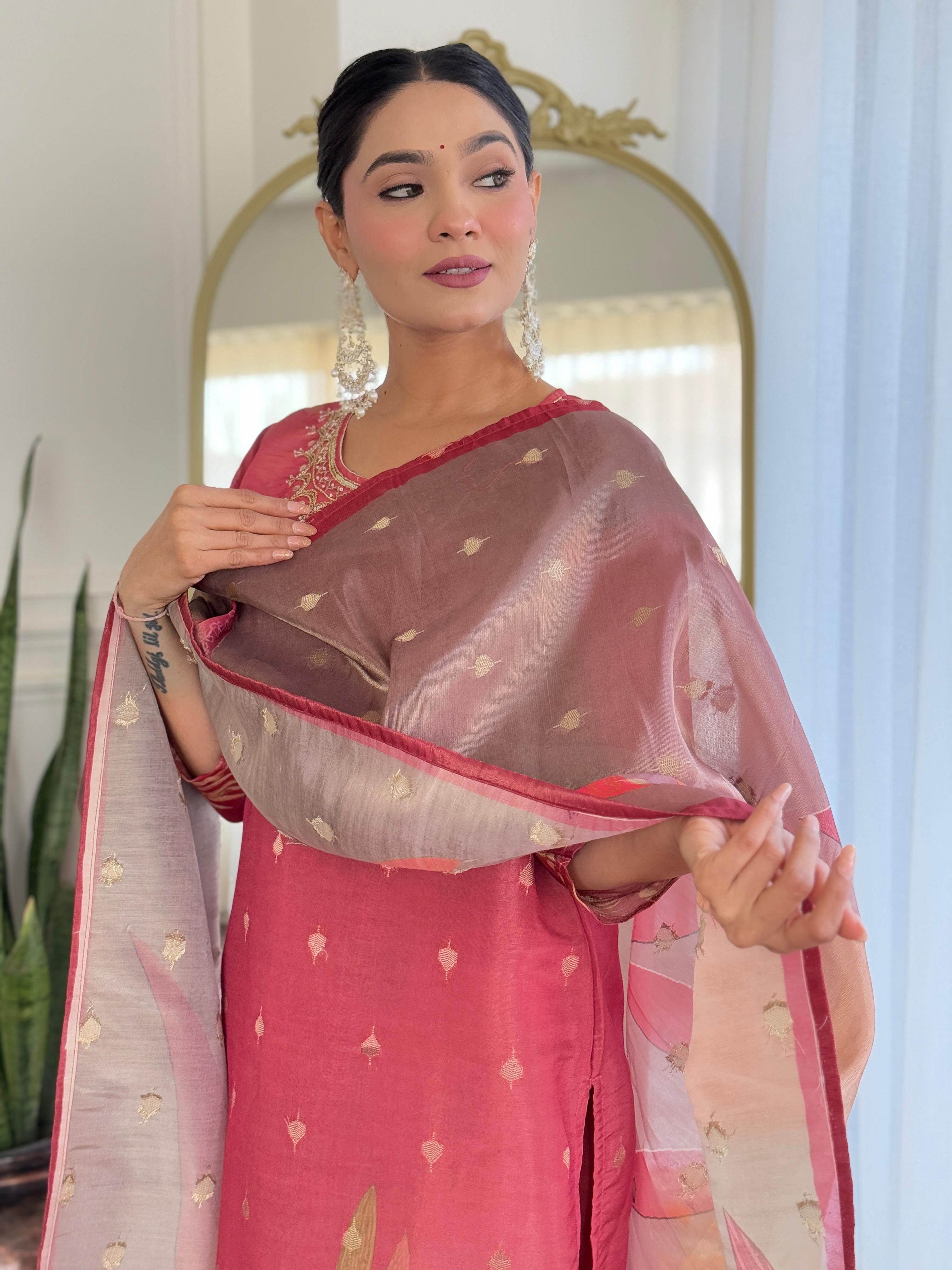 Rust Rose Silk Suit Set with Organza Dupatta – Luxe Festive Wear