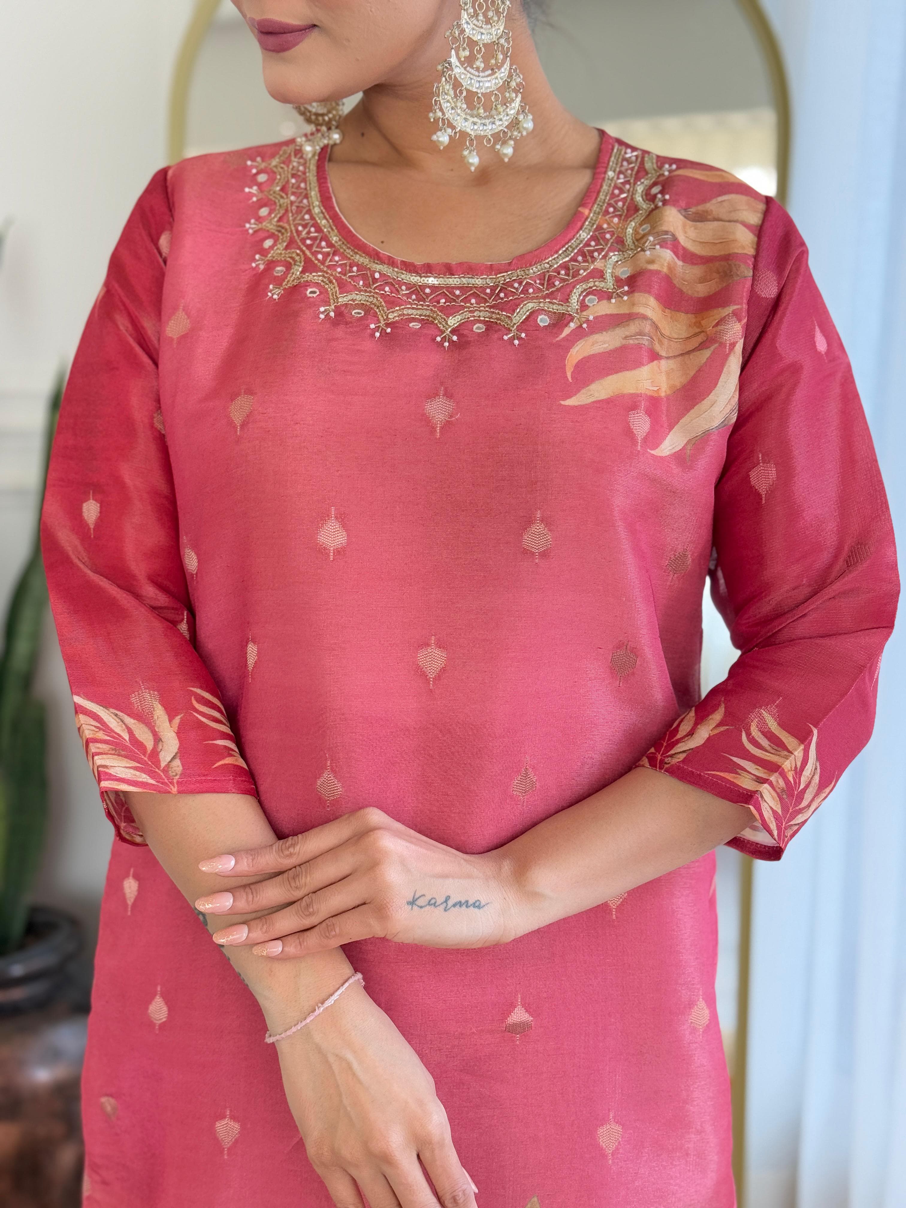 Rust Rose Silk Suit Set with Organza Dupatta – Luxe Festive Wear