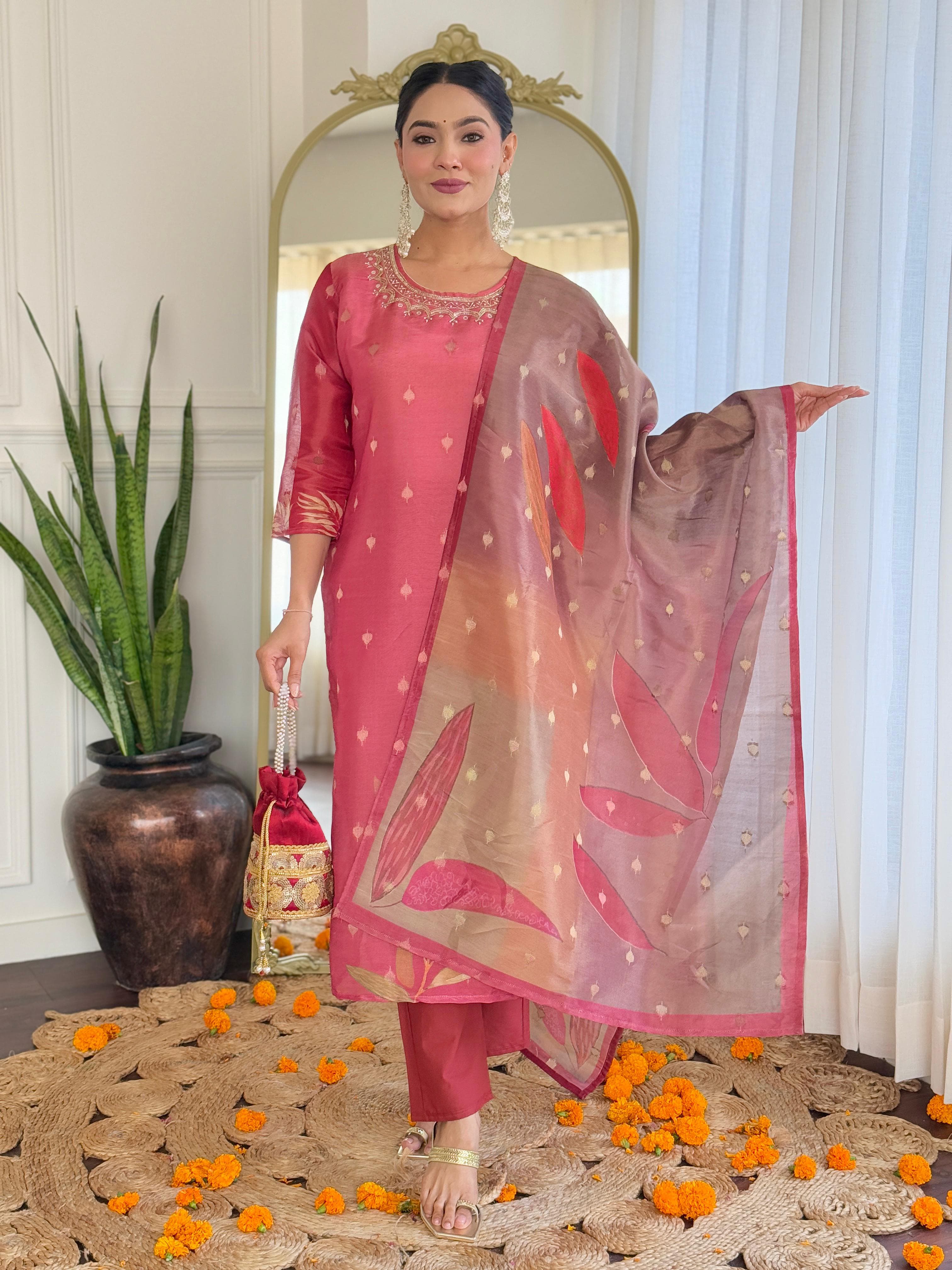 Rust Rose Silk Suit Set with Organza Dupatta – Luxe Festive Wear