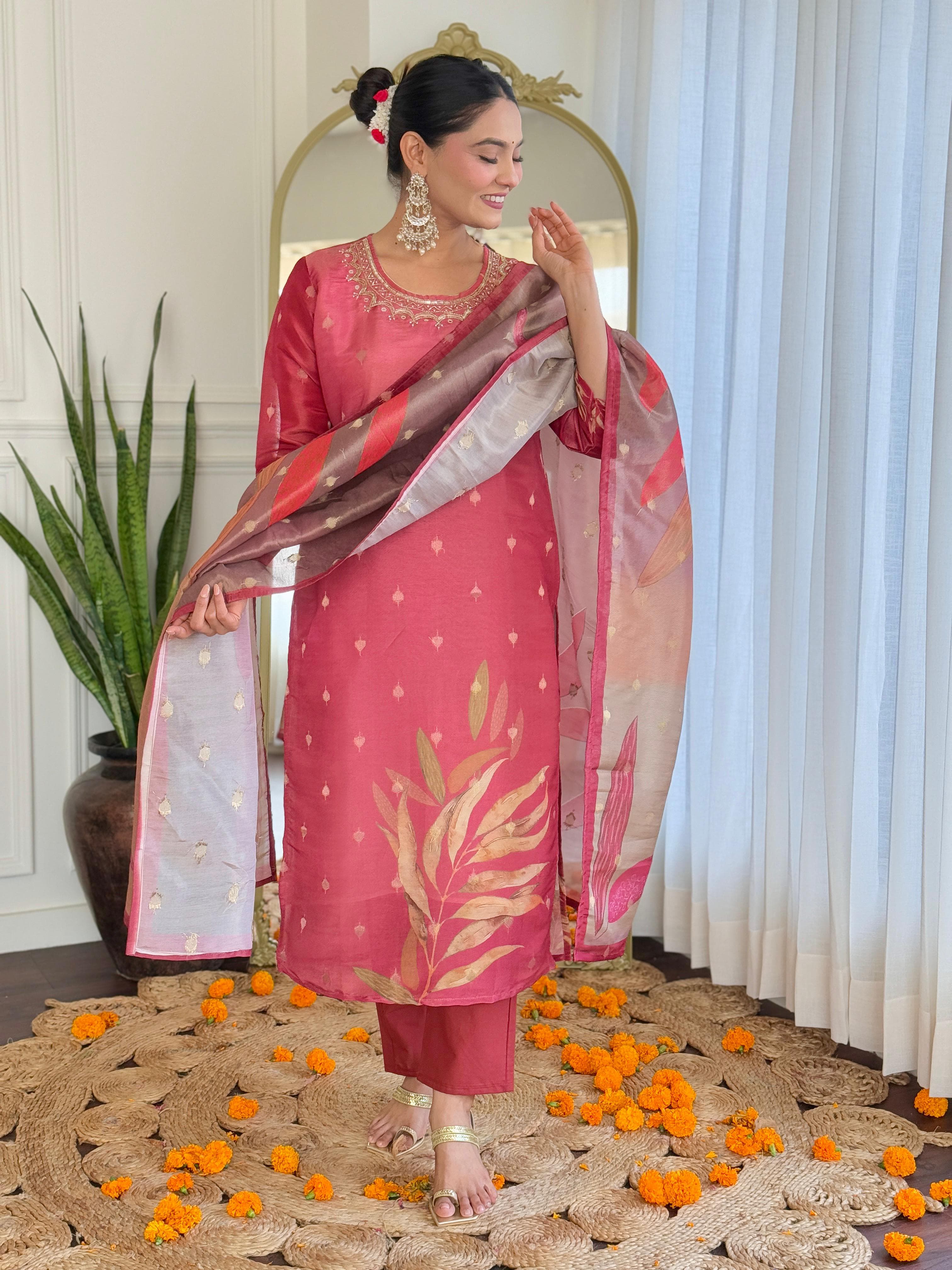 Rust Rose Silk Suit Set with Organza Dupatta – Luxe Festive Wear