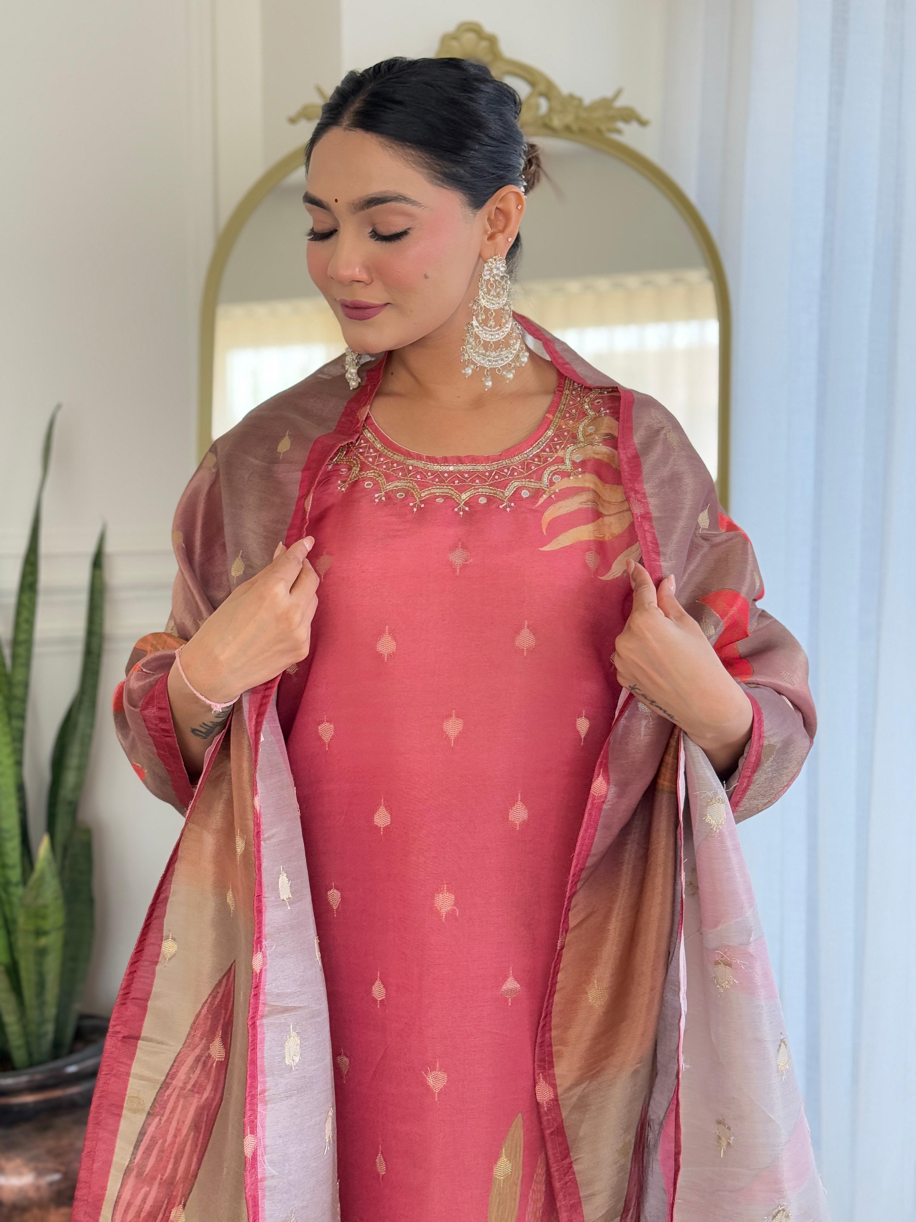 Rust Rose Silk Suit Set with Organza Dupatta – Luxe Festive Wear