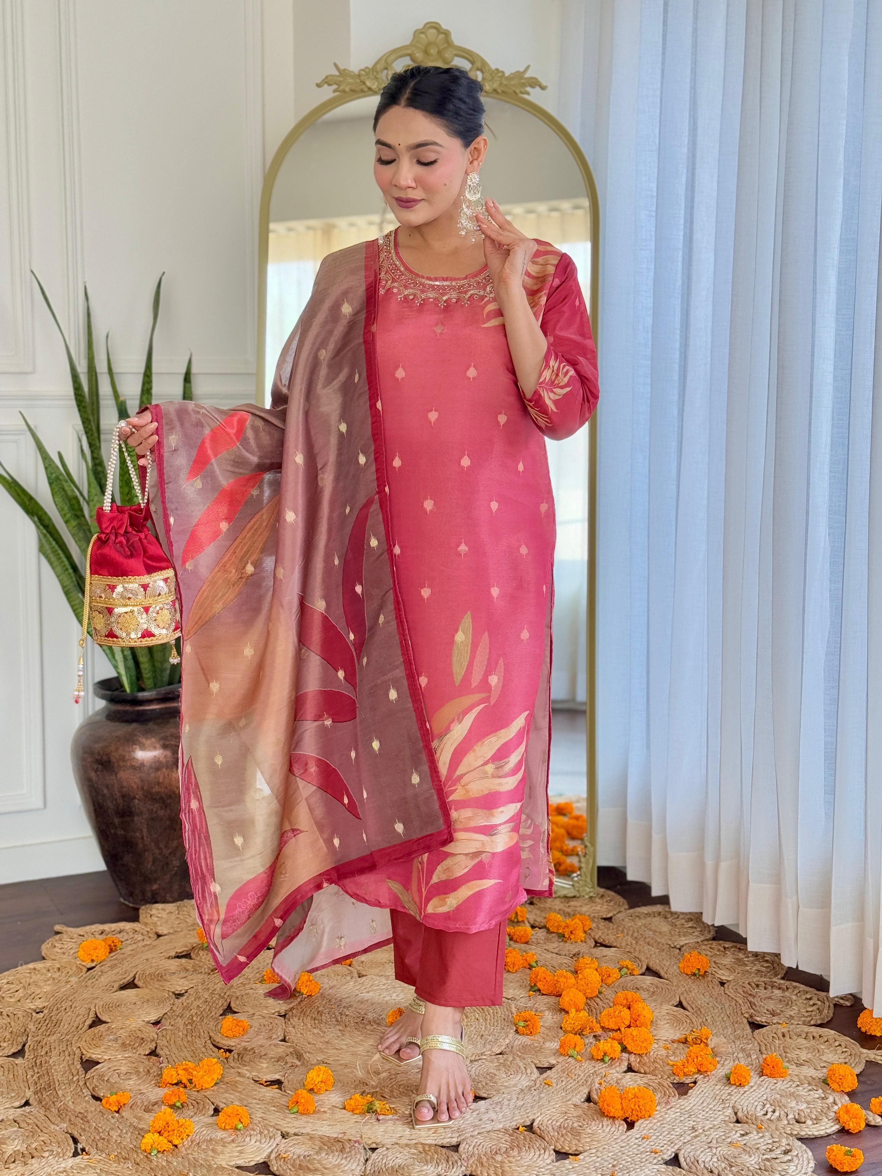 Rust Rose Silk Suit Set with Organza Dupatta – Luxe Festive Wear