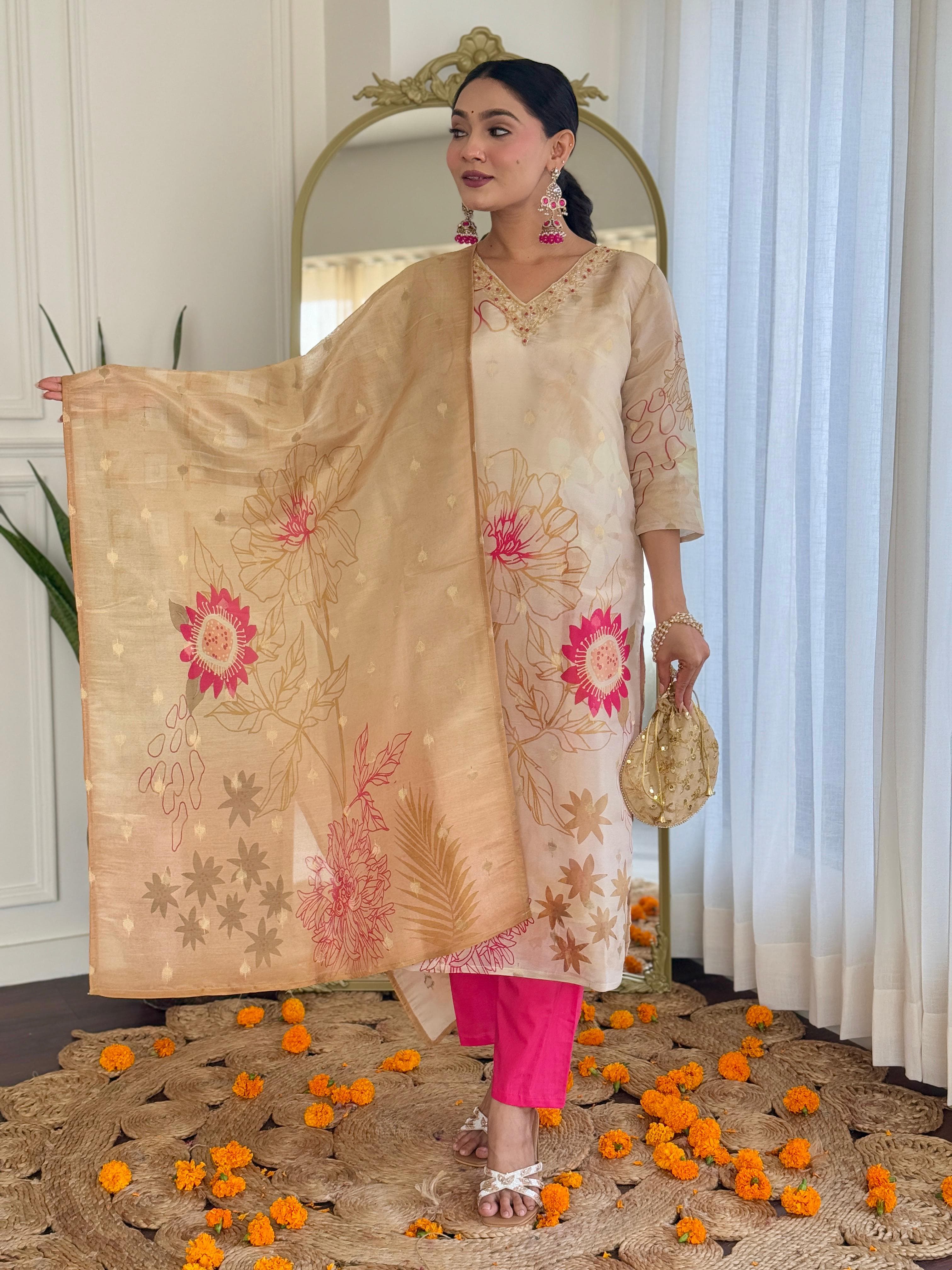 Champagne Gold Floral Silk Suit Set with Pink Accents – Festive Luxe Edit