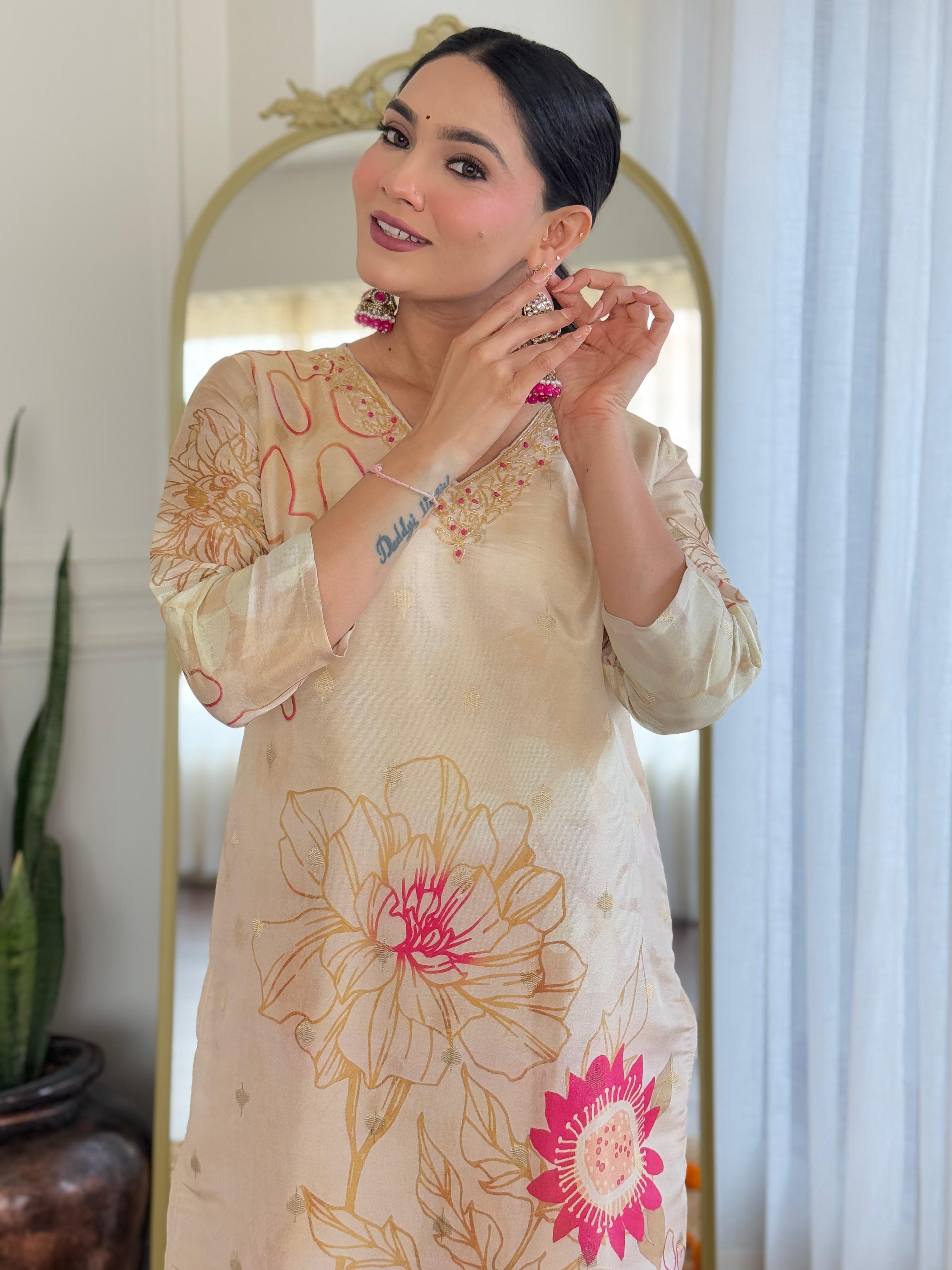 Champagne Gold Floral Silk Suit Set with Pink Accents – Festive Luxe Edit