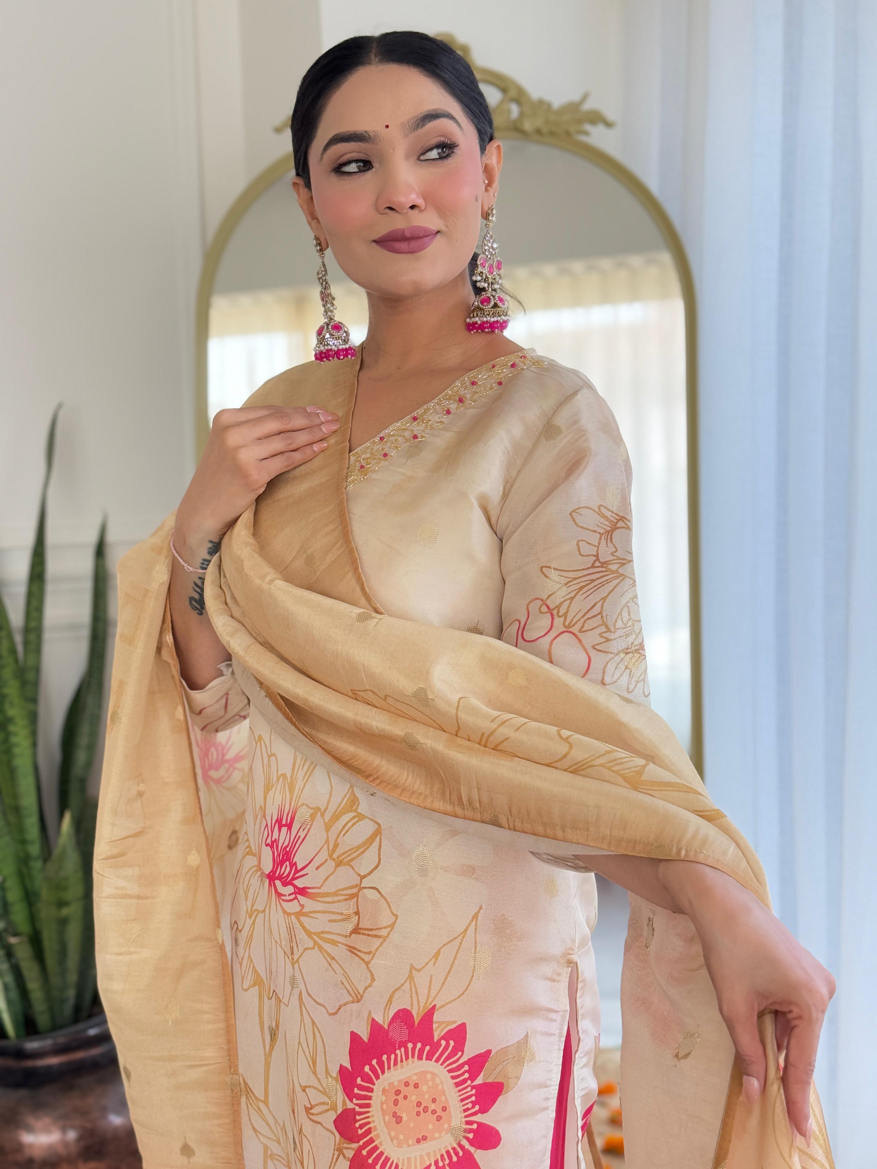 Champagne Gold Floral Silk Suit Set with Pink Accents – Festive Luxe Edit