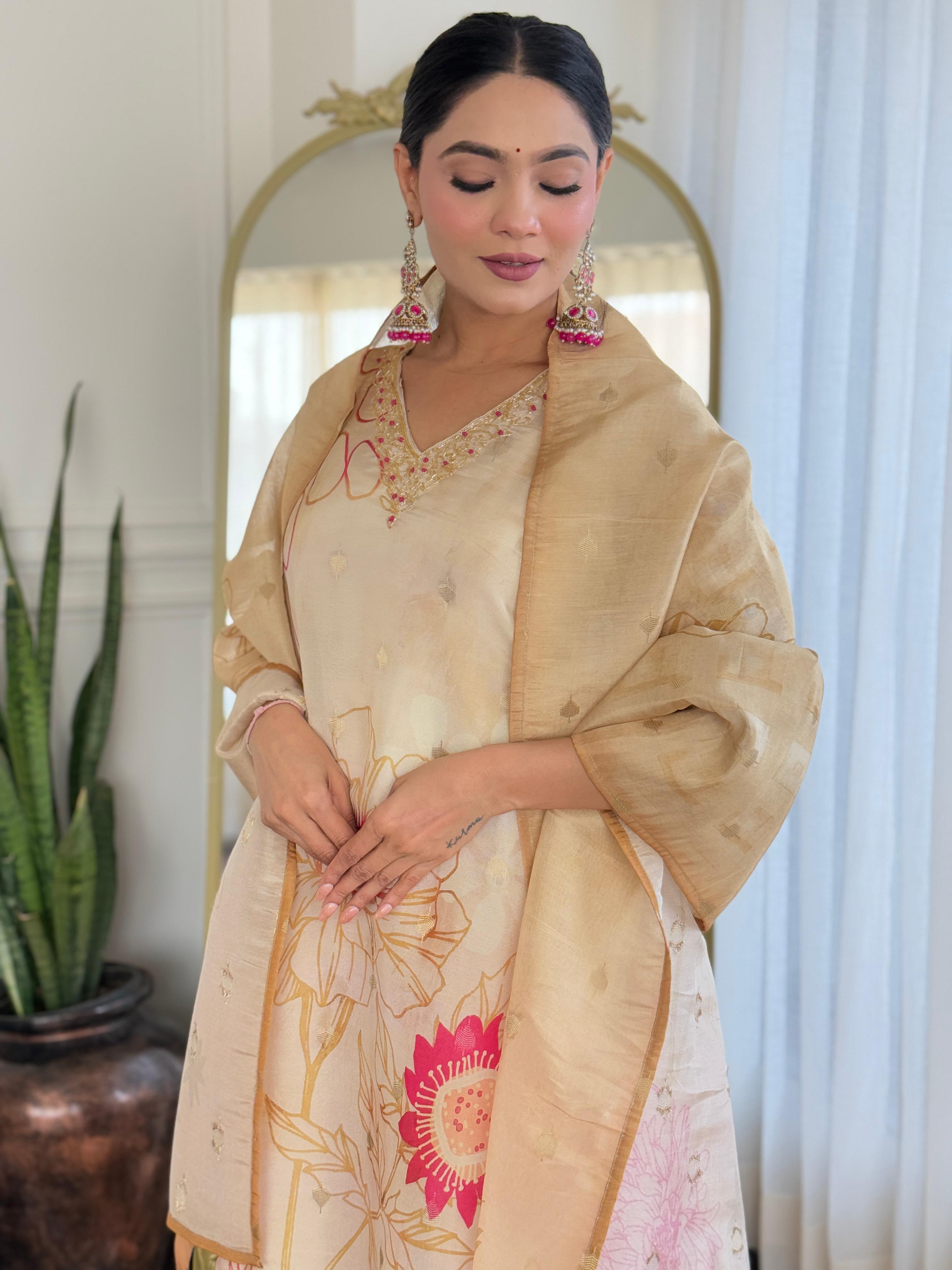 Champagne Gold Floral Silk Suit Set with Pink Accents – Festive Luxe Edit