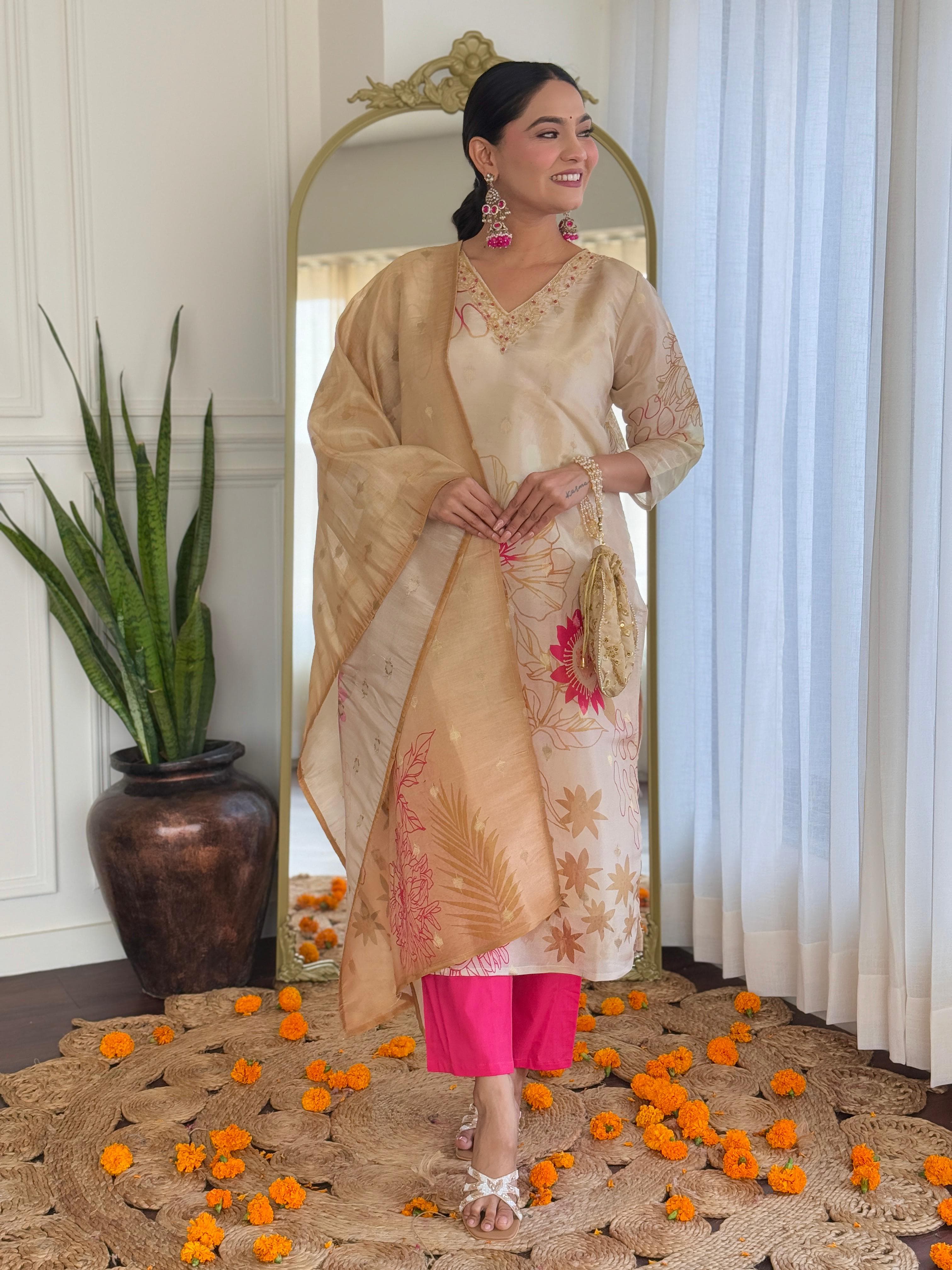 Champagne Gold Floral Silk Suit Set with Pink Accents – Festive Luxe Edit