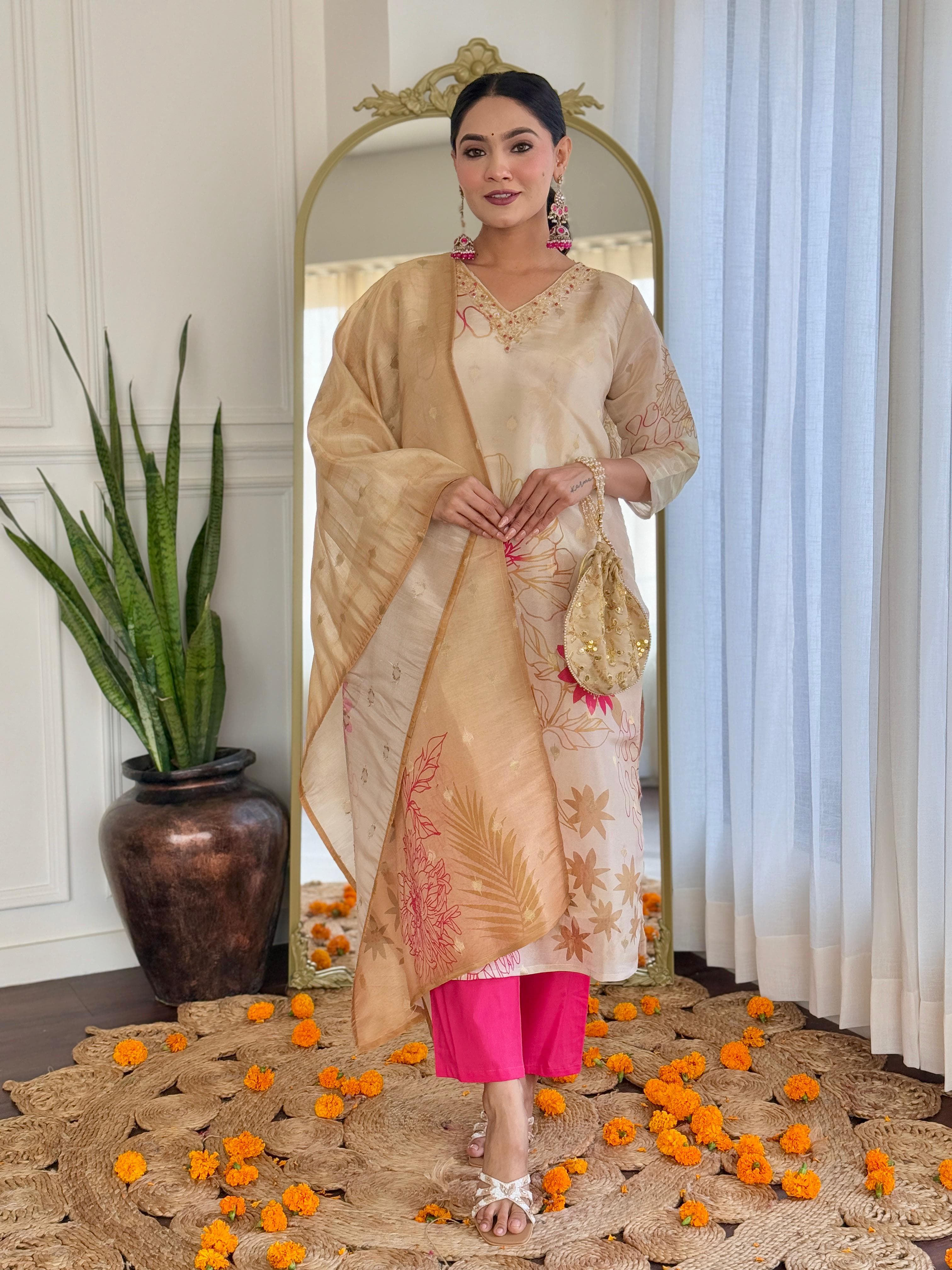 Champagne Gold Floral Silk Suit Set with Pink Accents – Festive Luxe Edit