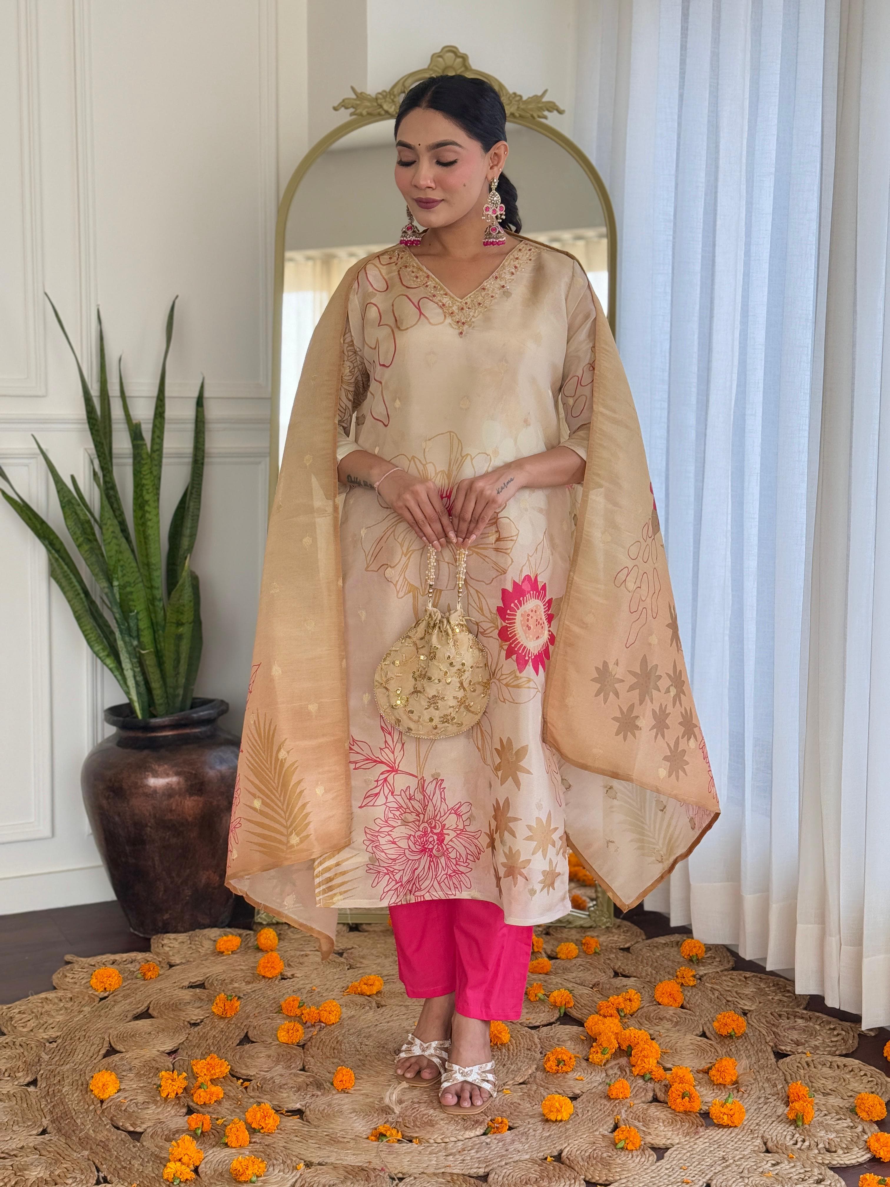 Champagne Gold Floral Silk Suit Set with Pink Accents – Festive Luxe Edit