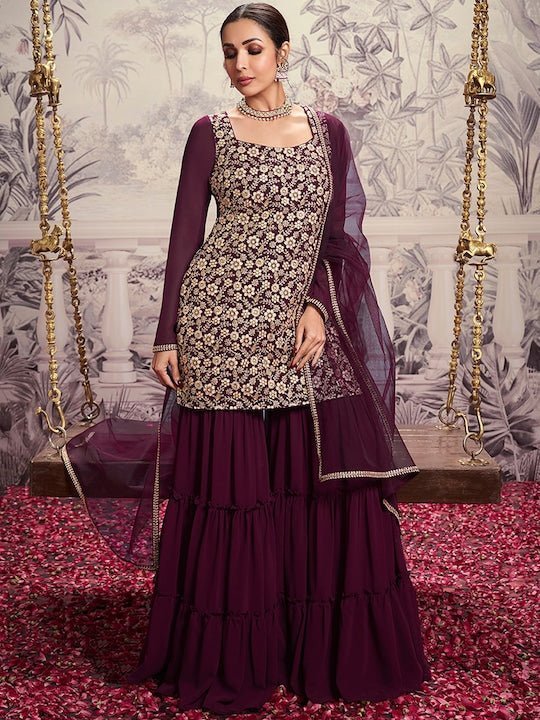 Floral Embroidered Square Neck Long Sleeve Sequinned Kurta Set With Dupatta