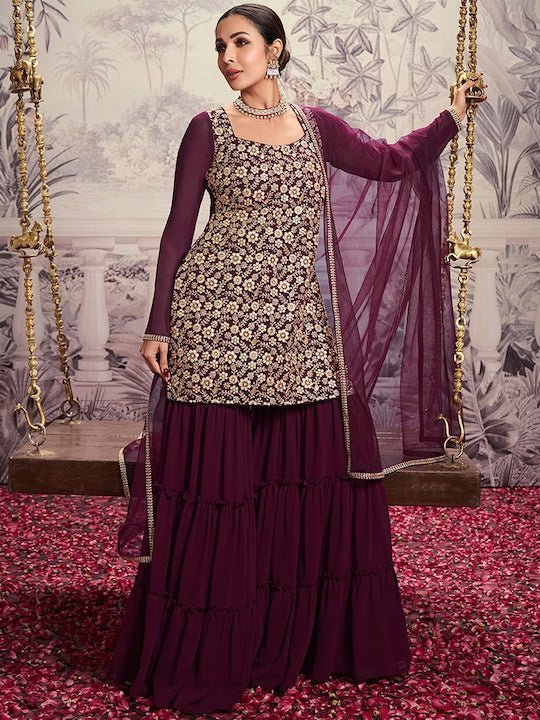 Floral Embroidered Square Neck Long Sleeve Sequinned Kurta Set With Dupatta