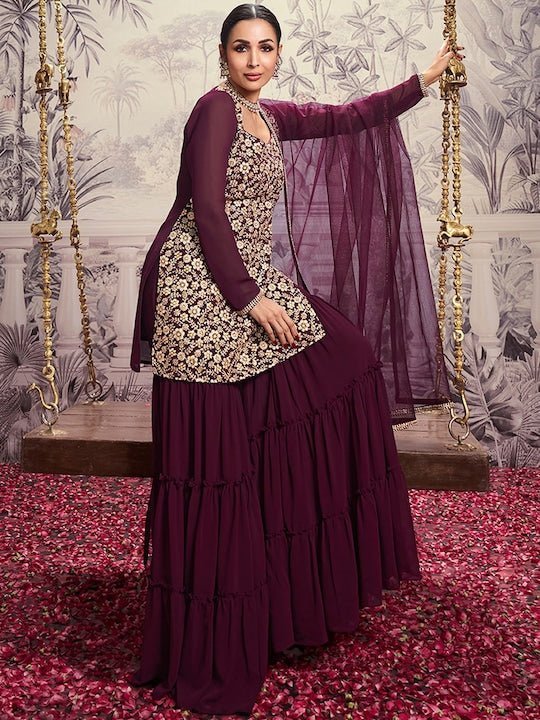 Floral Embroidered Square Neck Long Sleeve Sequinned Kurta Set With Dupatta