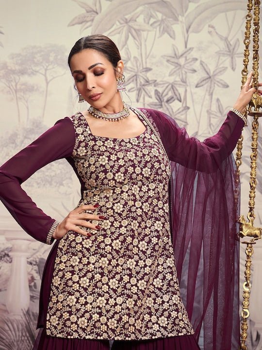 Floral Embroidered Square Neck Long Sleeve Sequinned Kurta Set With Dupatta