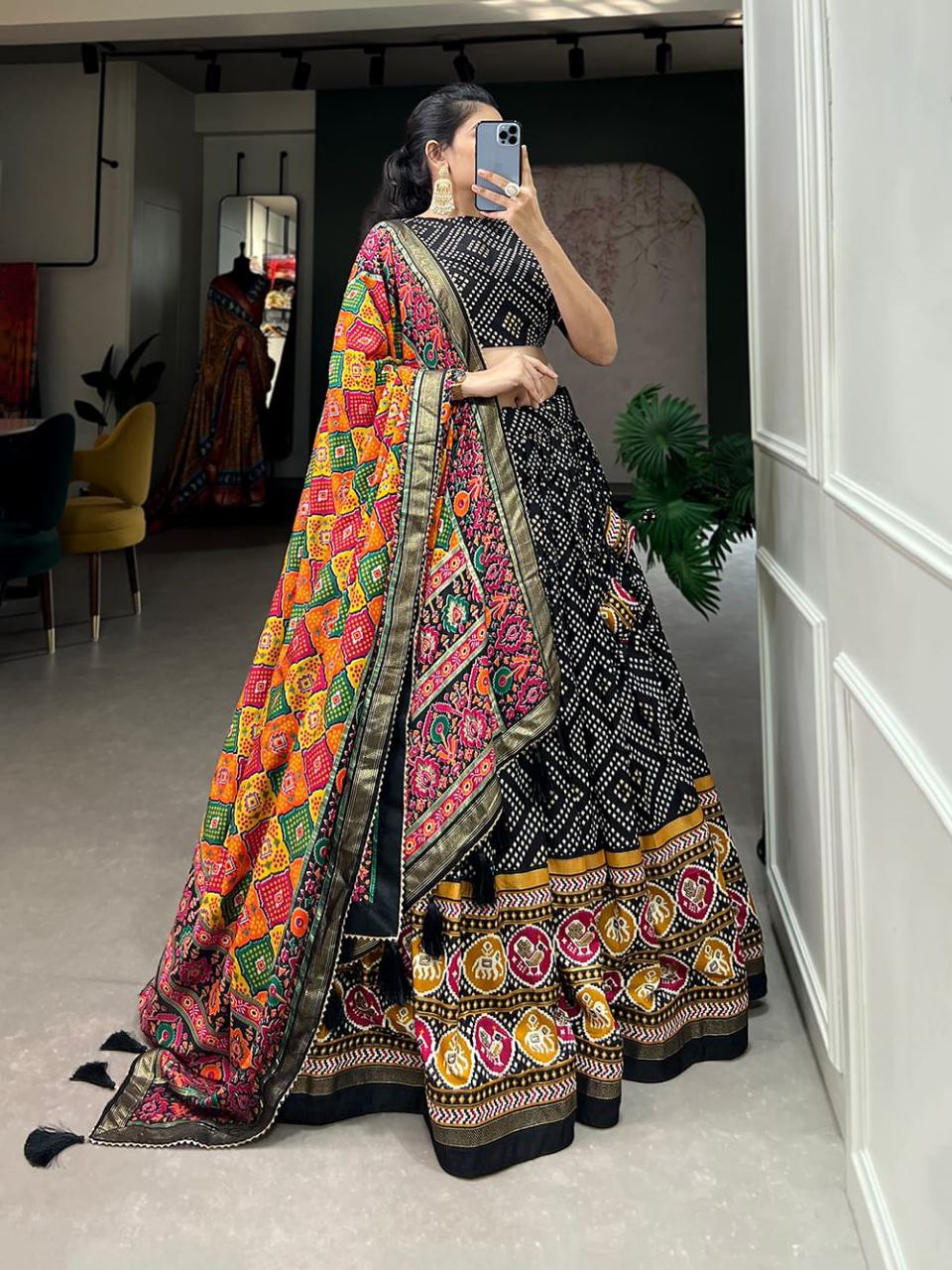 Bandhani Print Lehenga Choli Set with Traditional Motif and Embroidered Dupatta