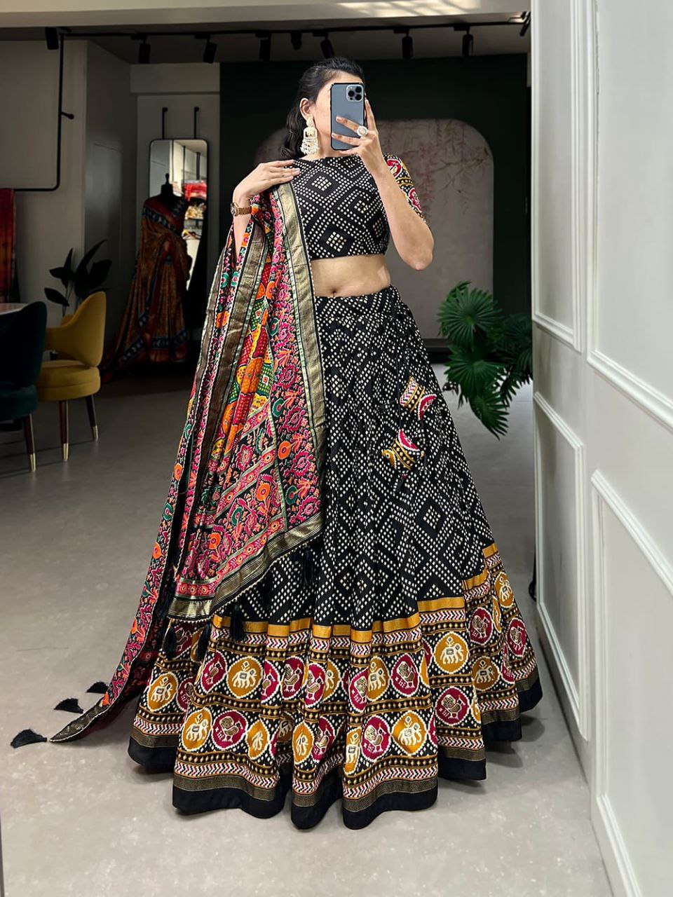 Bandhani Print Lehenga Choli Set with Traditional Motif and Embroidered Dupatta