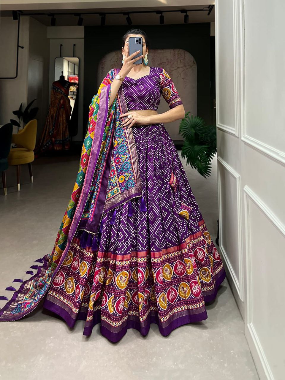 Bandhani Print Lehenga Choli Set with Traditional Motif and Embroidered Dupatta