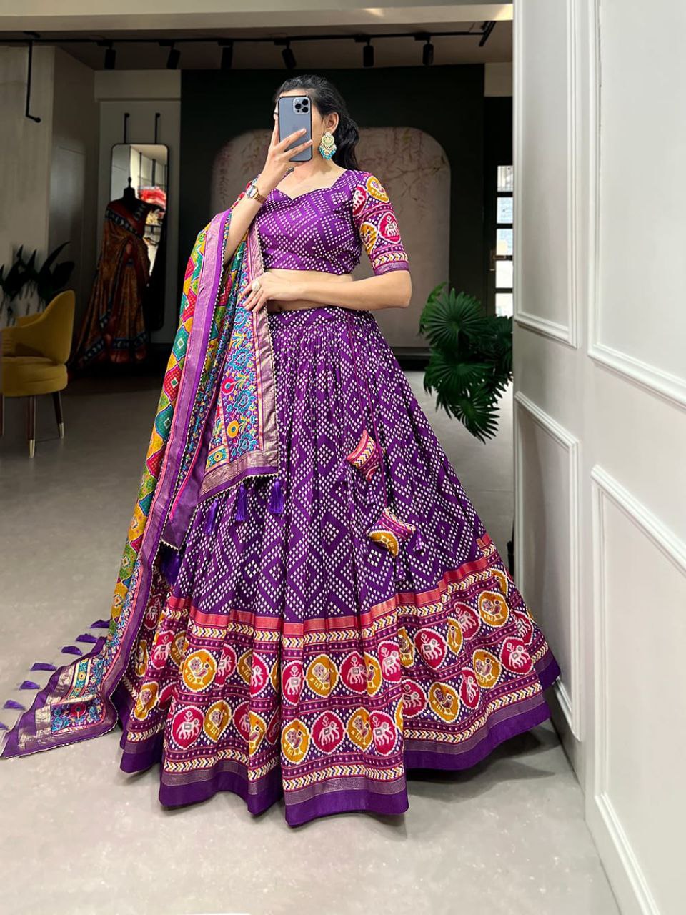 Bandhani Print Lehenga Choli Set with Traditional Motif and Embroidered Dupatta