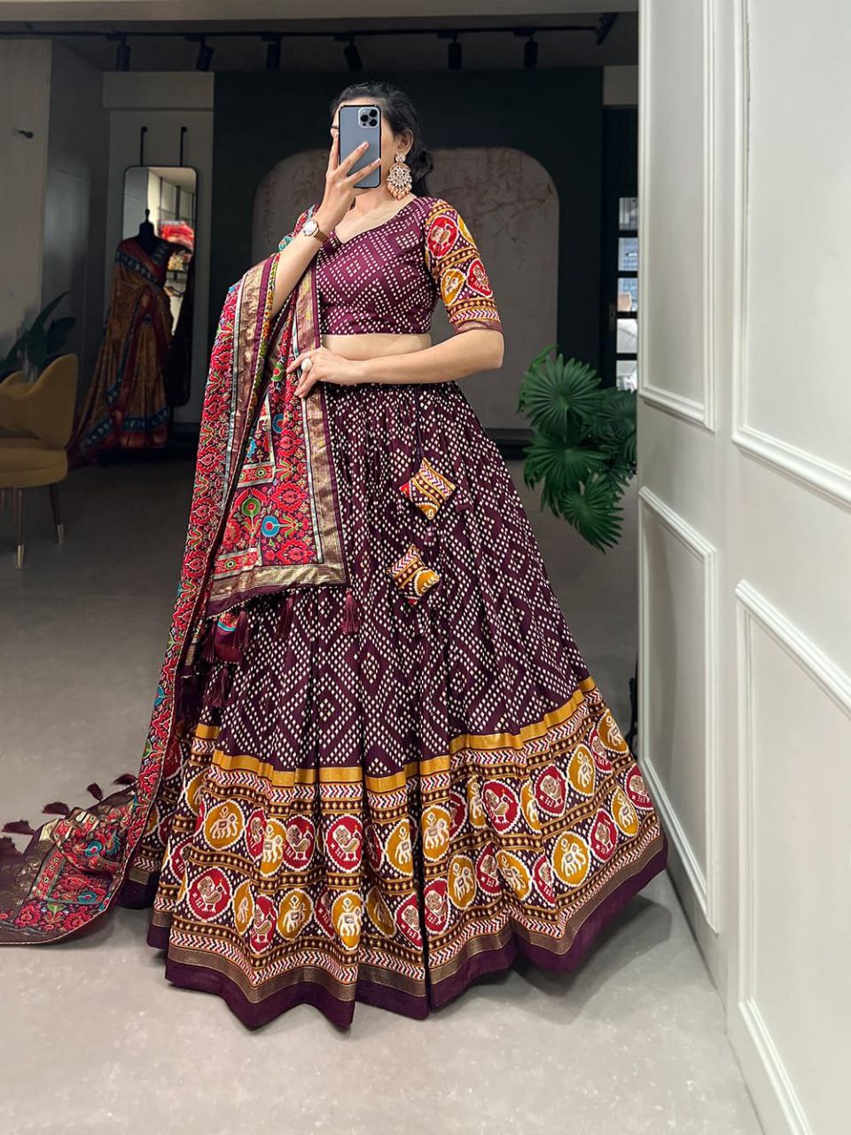 Bandhani Print Lehenga Choli Set with Traditional Motif and Embroidered Dupatta