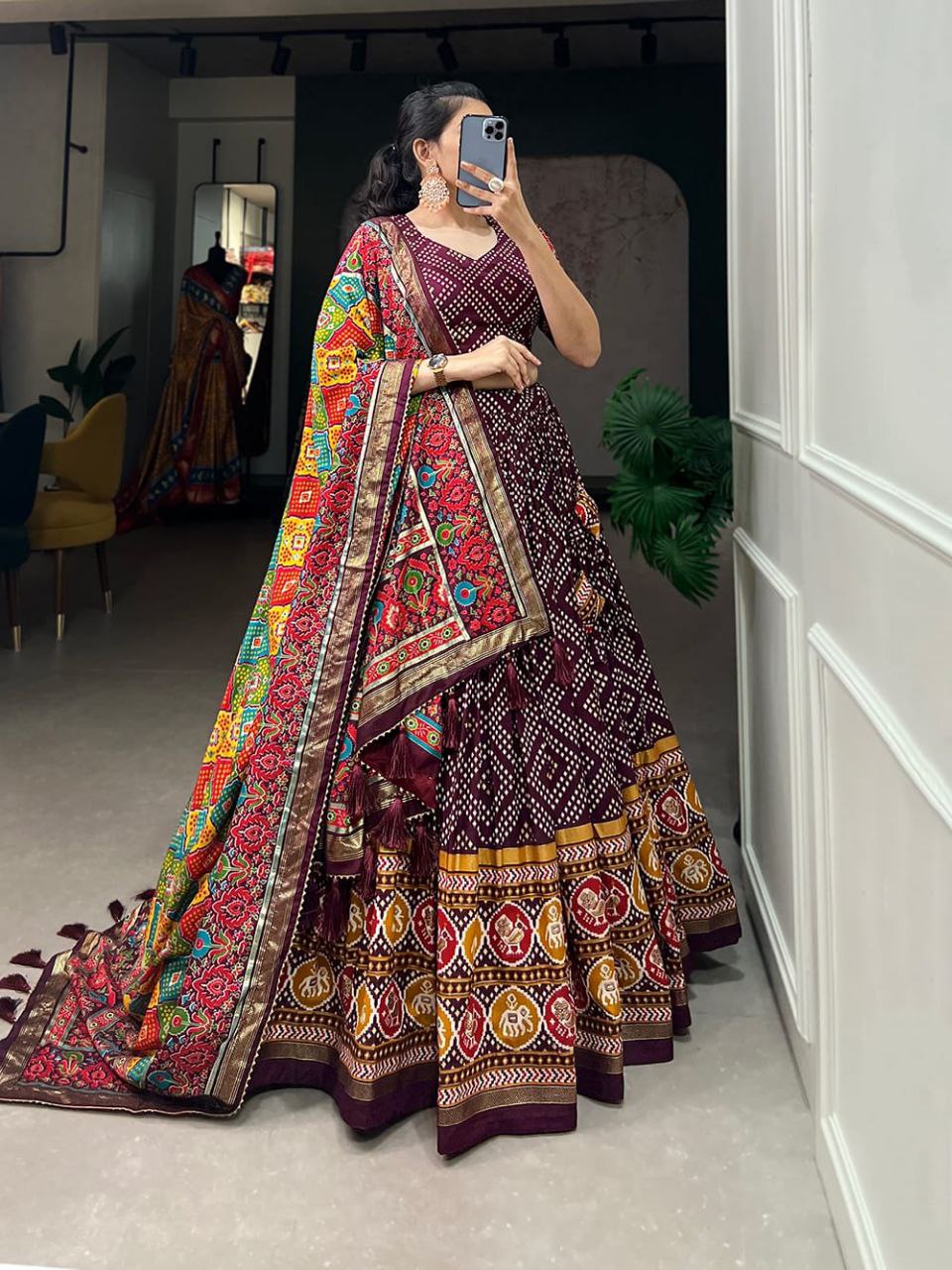 Bandhani Print Lehenga Choli Set with Traditional Motif and Embroidered Dupatta