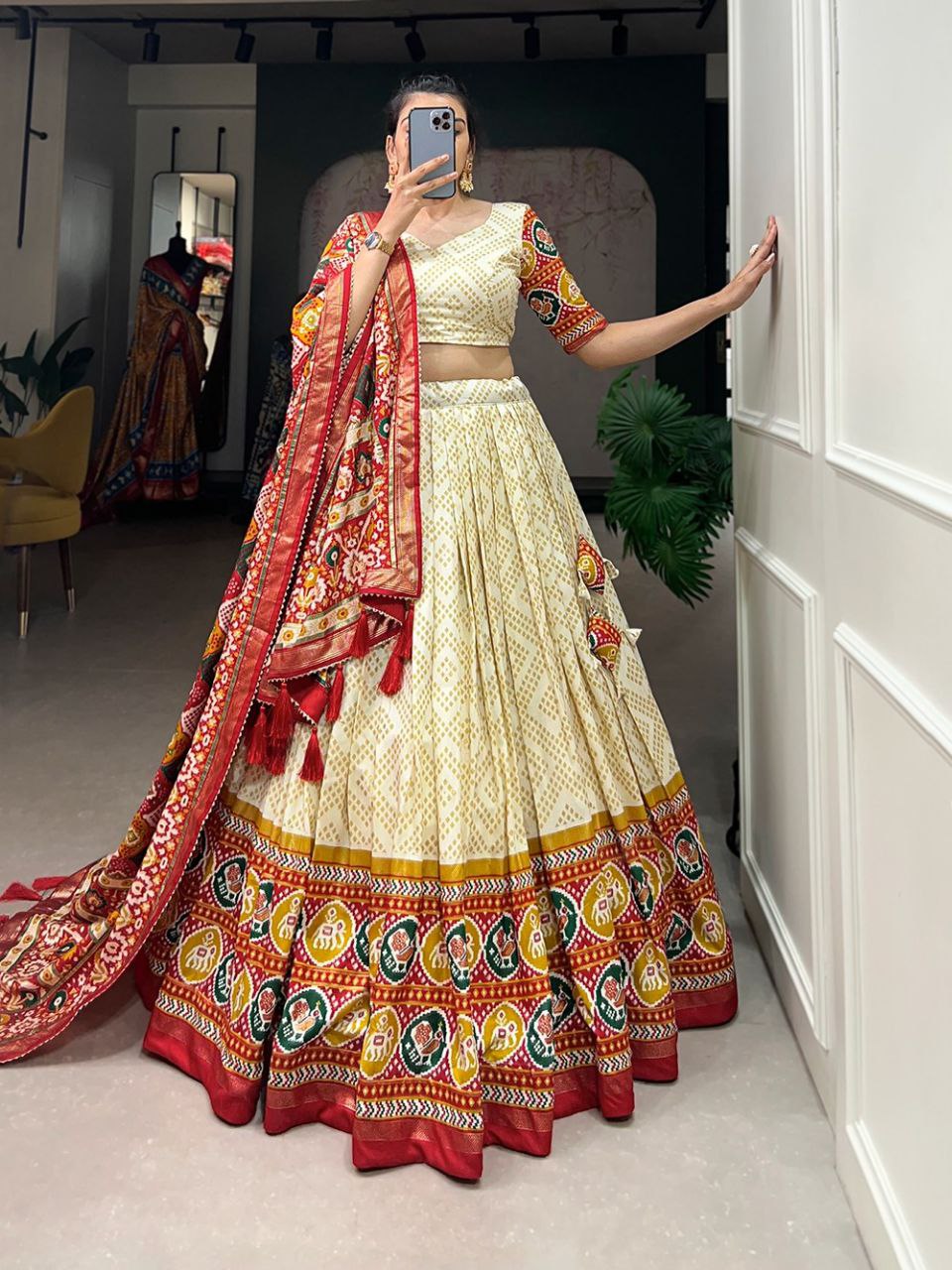 Bandhani Print Lehenga Choli Set with Traditional Motif and Embroidered Dupatta