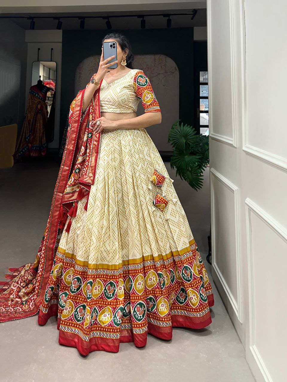 Bandhani Print Lehenga Choli Set with Traditional Motif and Embroidered Dupatta