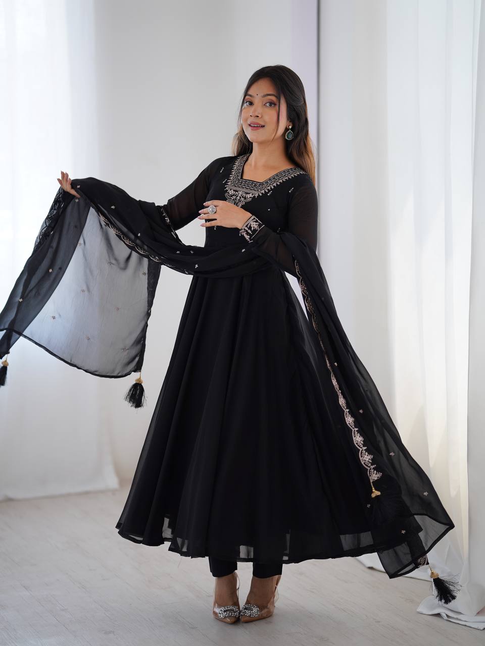 Classic Black Anarkali Suit with Embellished Dupatta