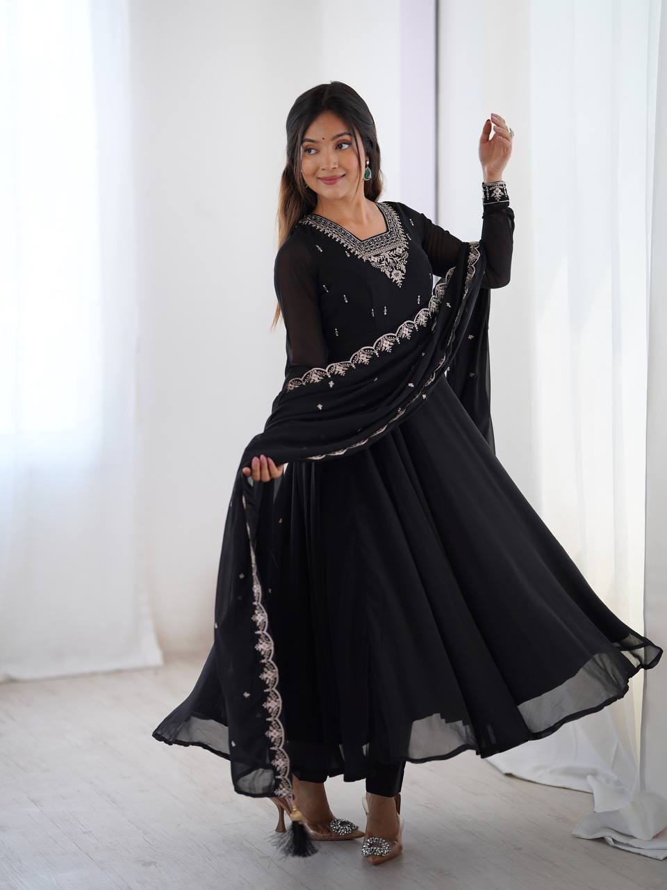 Classic Black Anarkali Suit with Embellished Dupatta