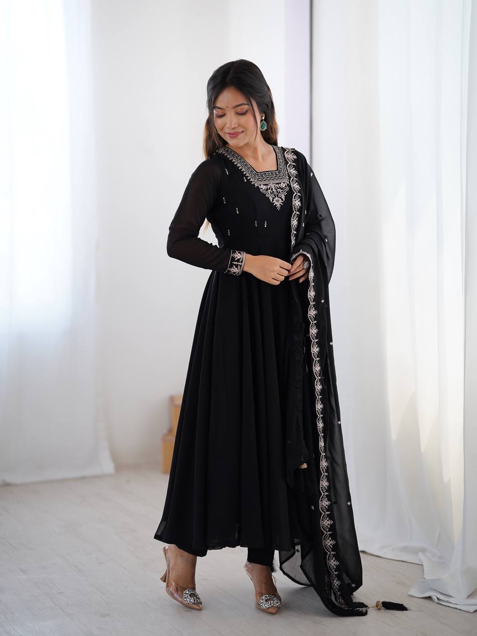 Classic Black Anarkali Suit with Embellished Dupatta