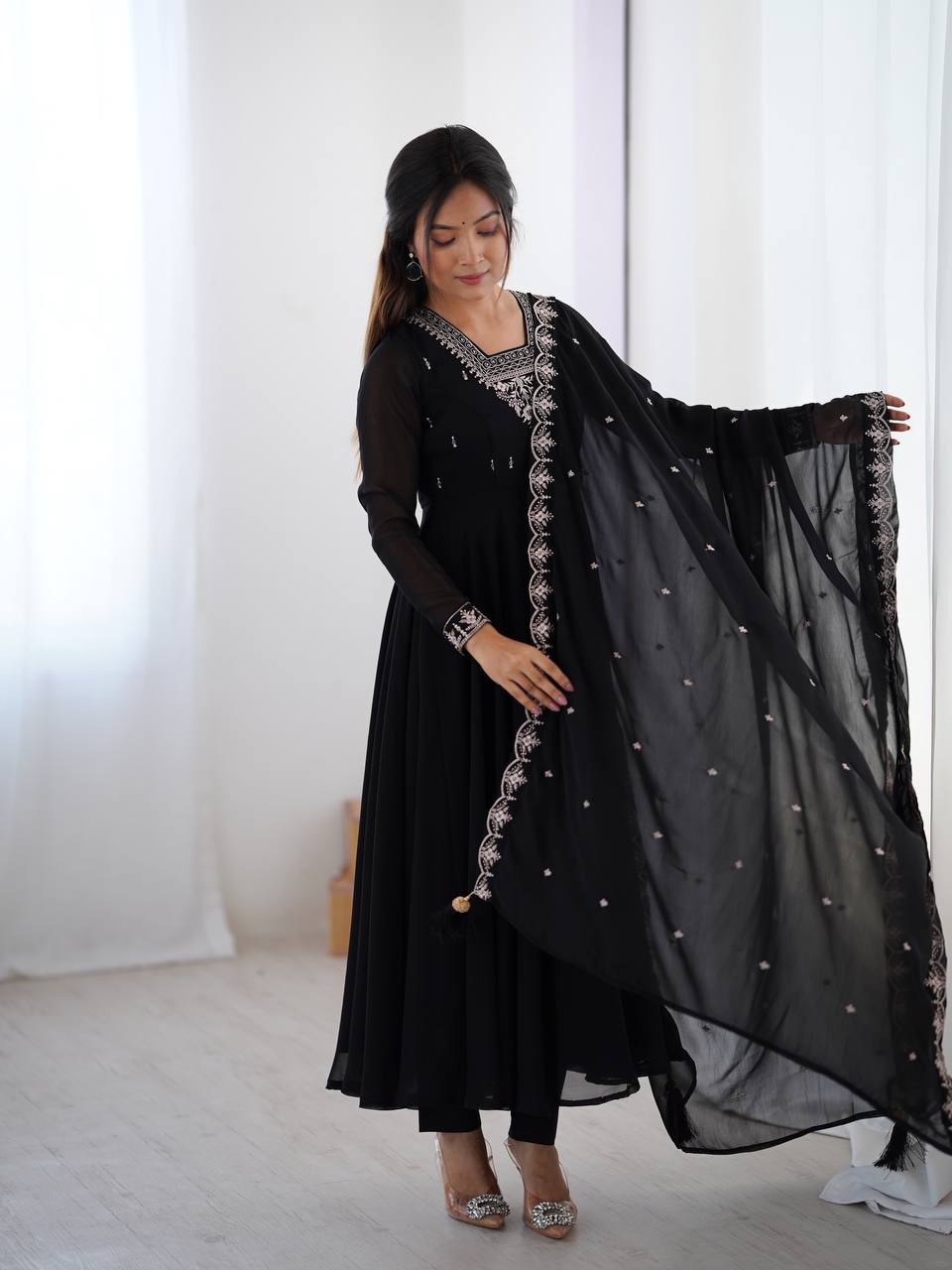 Classic Black Anarkali Suit with Embellished Dupatta