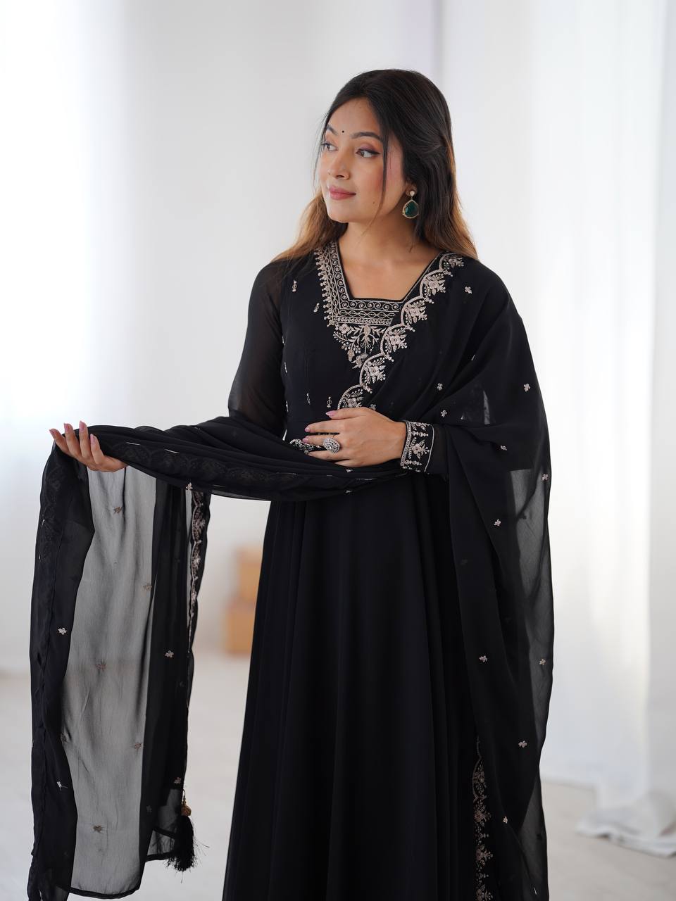 Classic Black Anarkali Suit with Embellished Dupatta