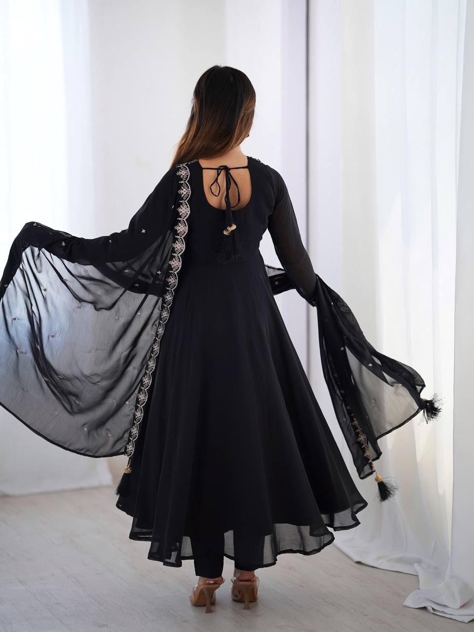 Classic Black Anarkali Suit with Embellished Dupatta