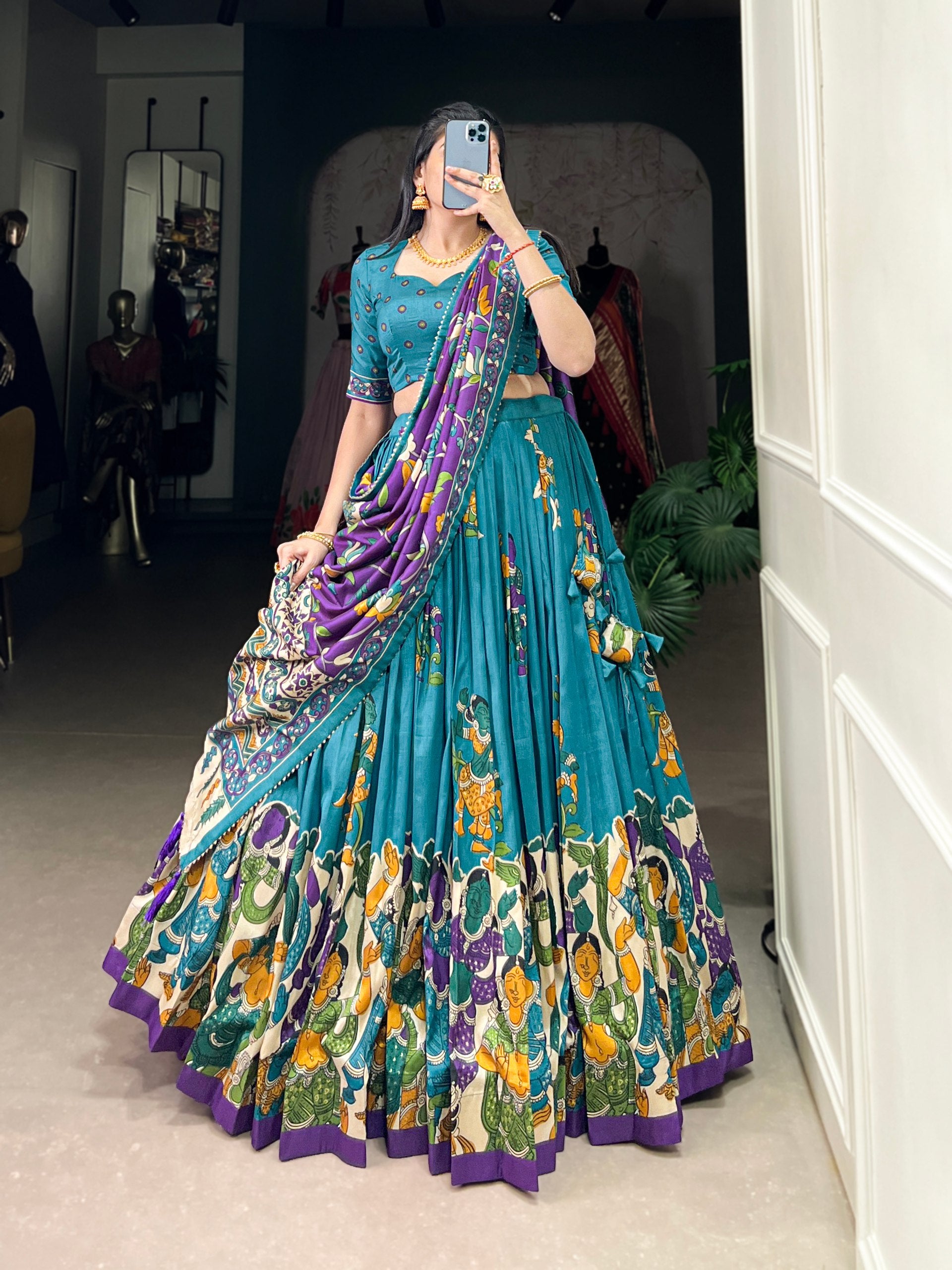 Tribal Folk Art Print Lehenga Choli Set with Handcrafted Dupatta