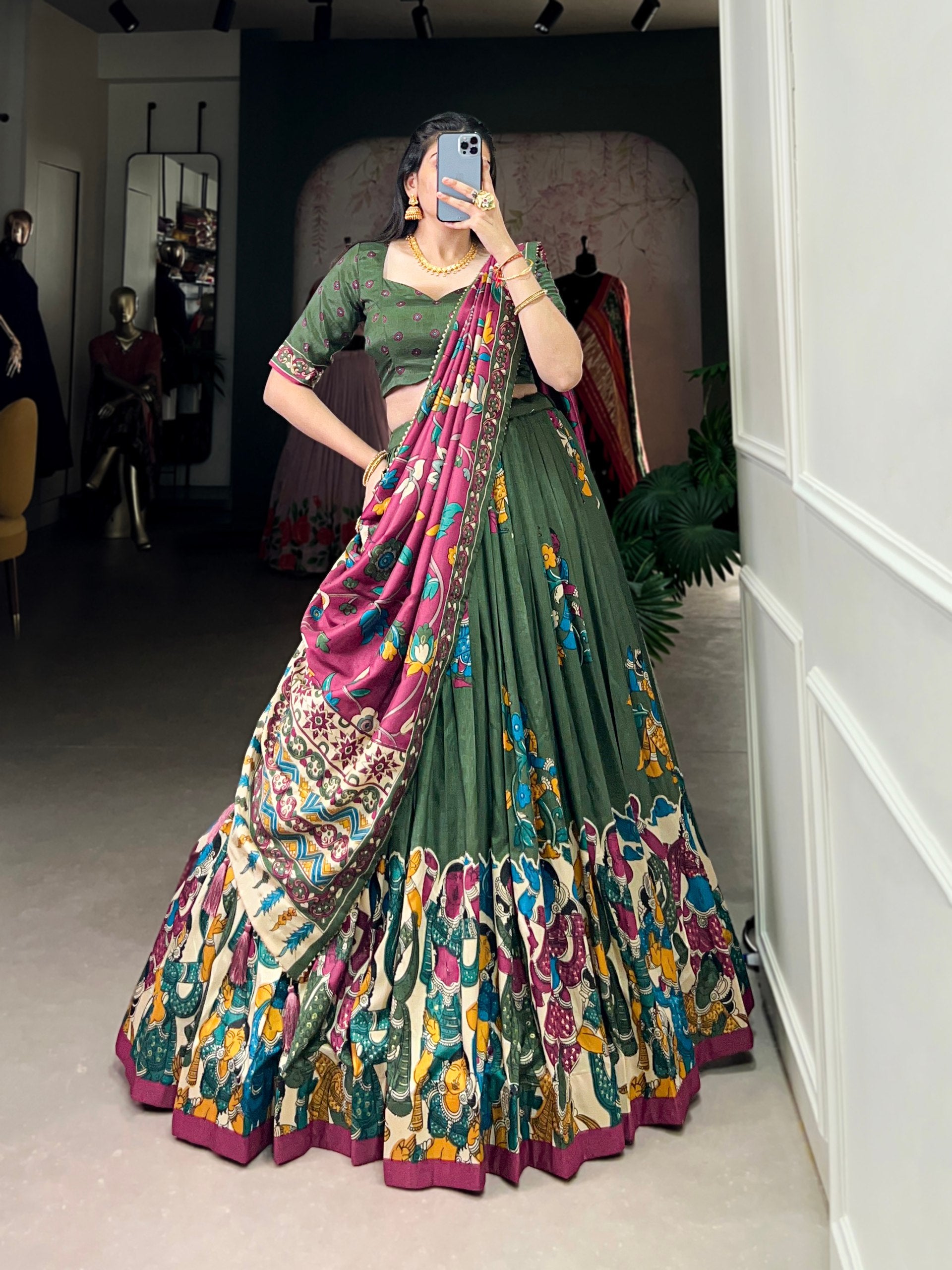 Tribal Folk Art Print Lehenga Choli Set with Handcrafted Dupatta