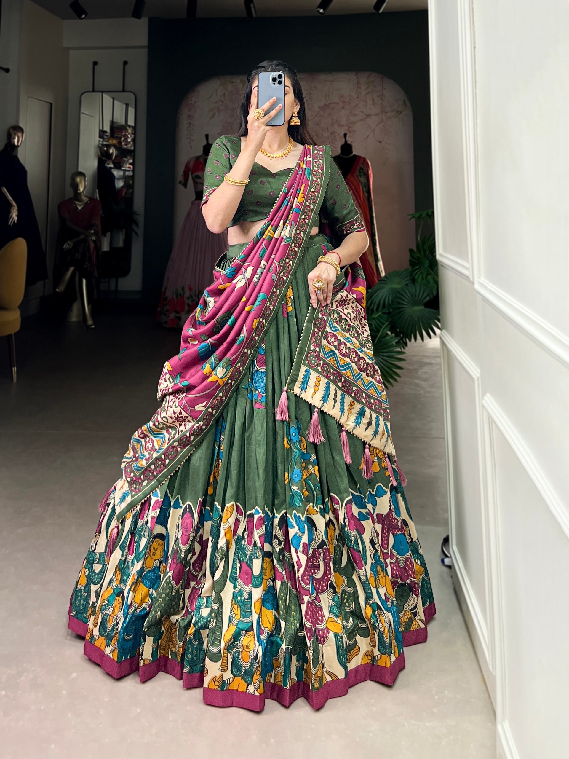 Tribal Folk Art Print Lehenga Choli Set with Handcrafted Dupatta
