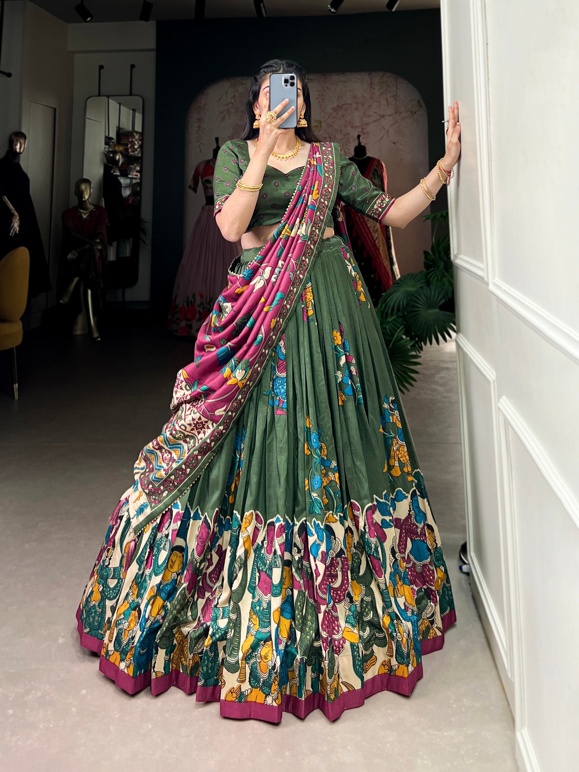 Tribal Folk Art Print Lehenga Choli Set with Handcrafted Dupatta